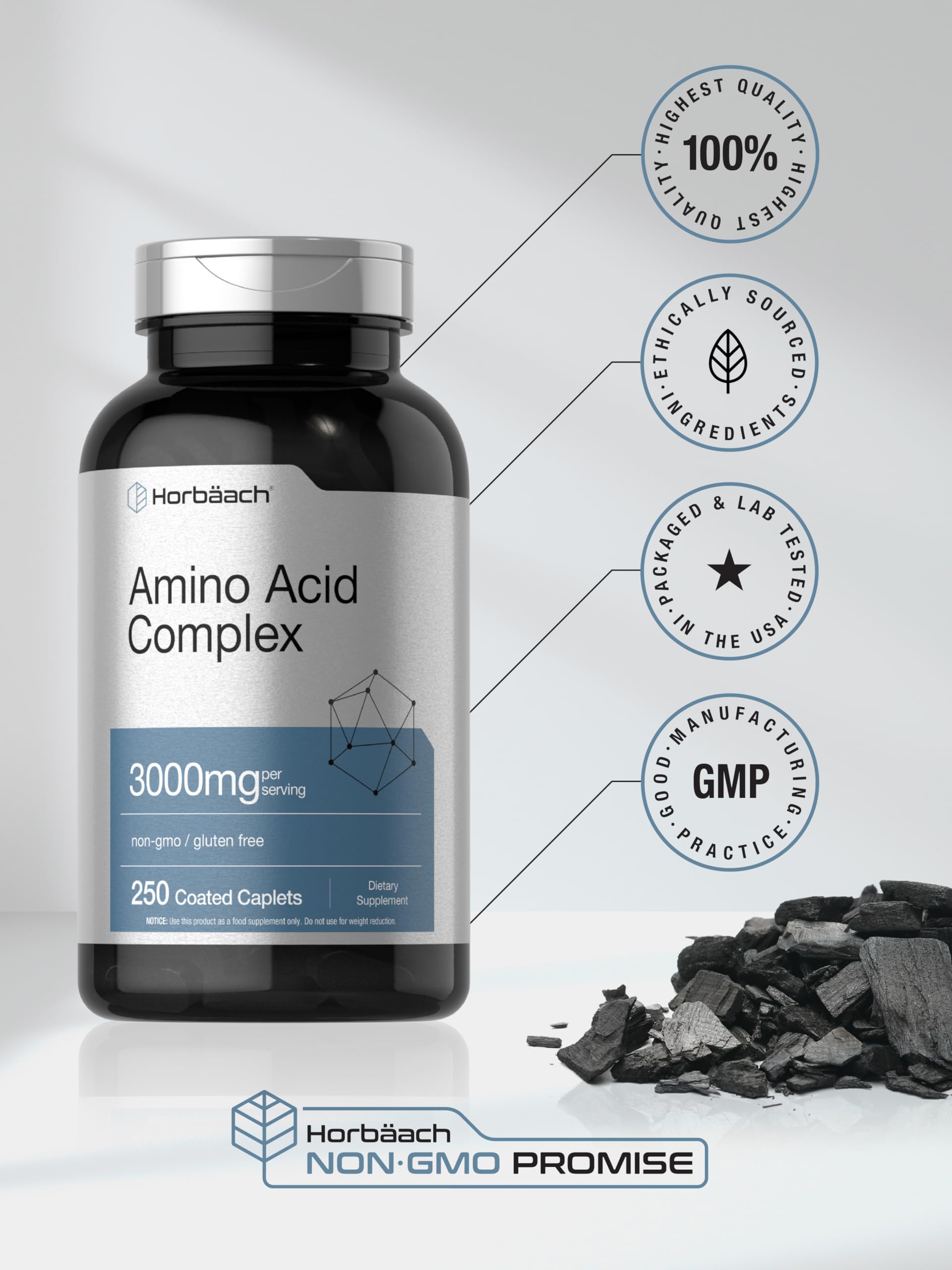 Horbäach Amino Acid Complex 3000mg gluten-free badge signals allergen-free profile