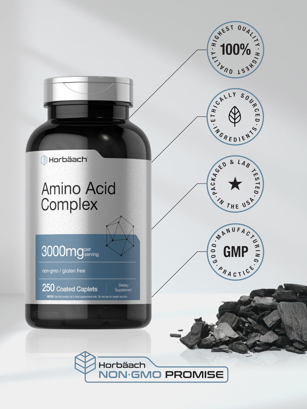 Horbäach Amino Acid Complex 3000mg gluten-free badge signals allergen-free profile