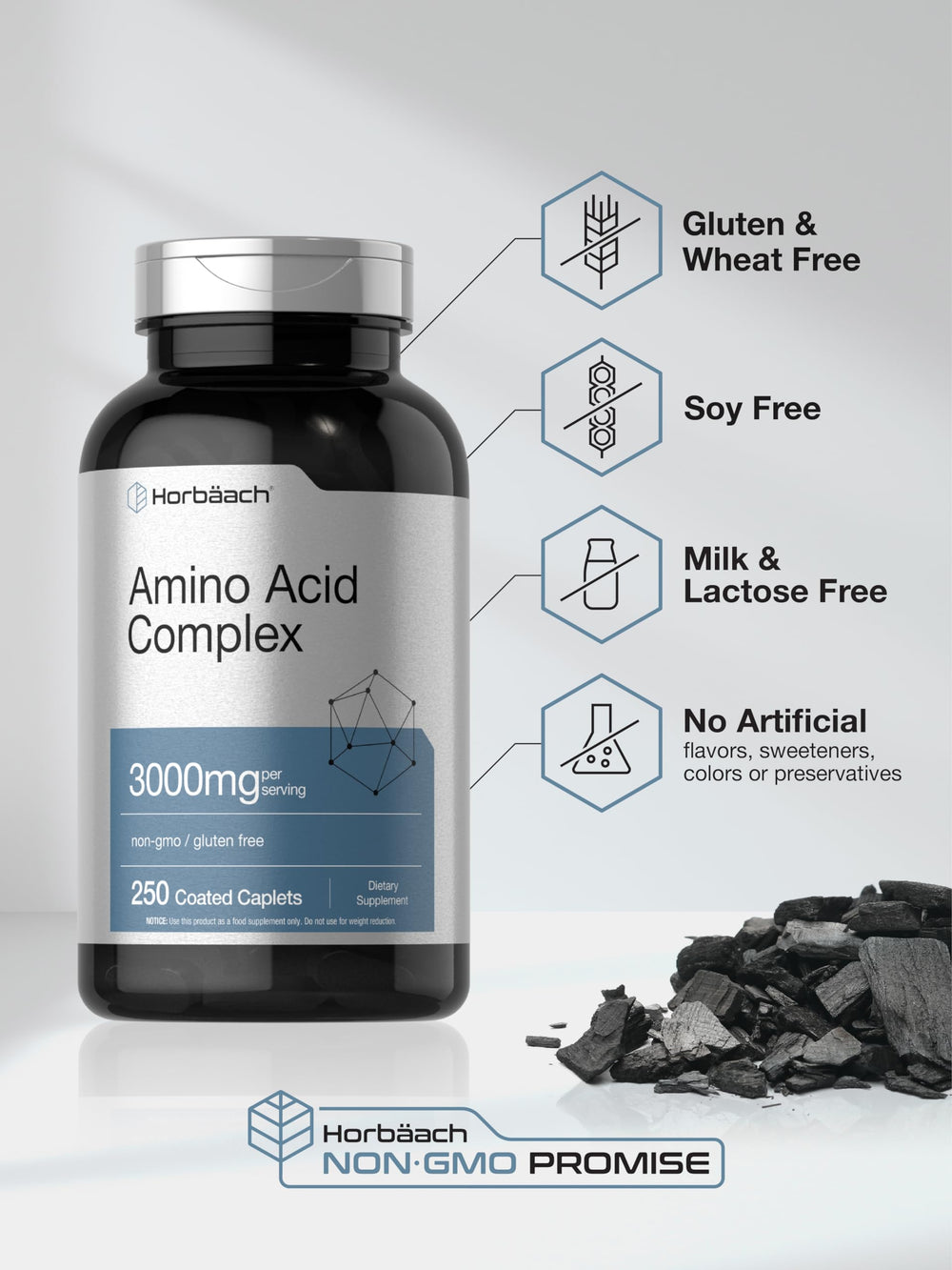 Horbäach Amino Acid Complex 3000mg ingredients panel highlights 18 amino acids