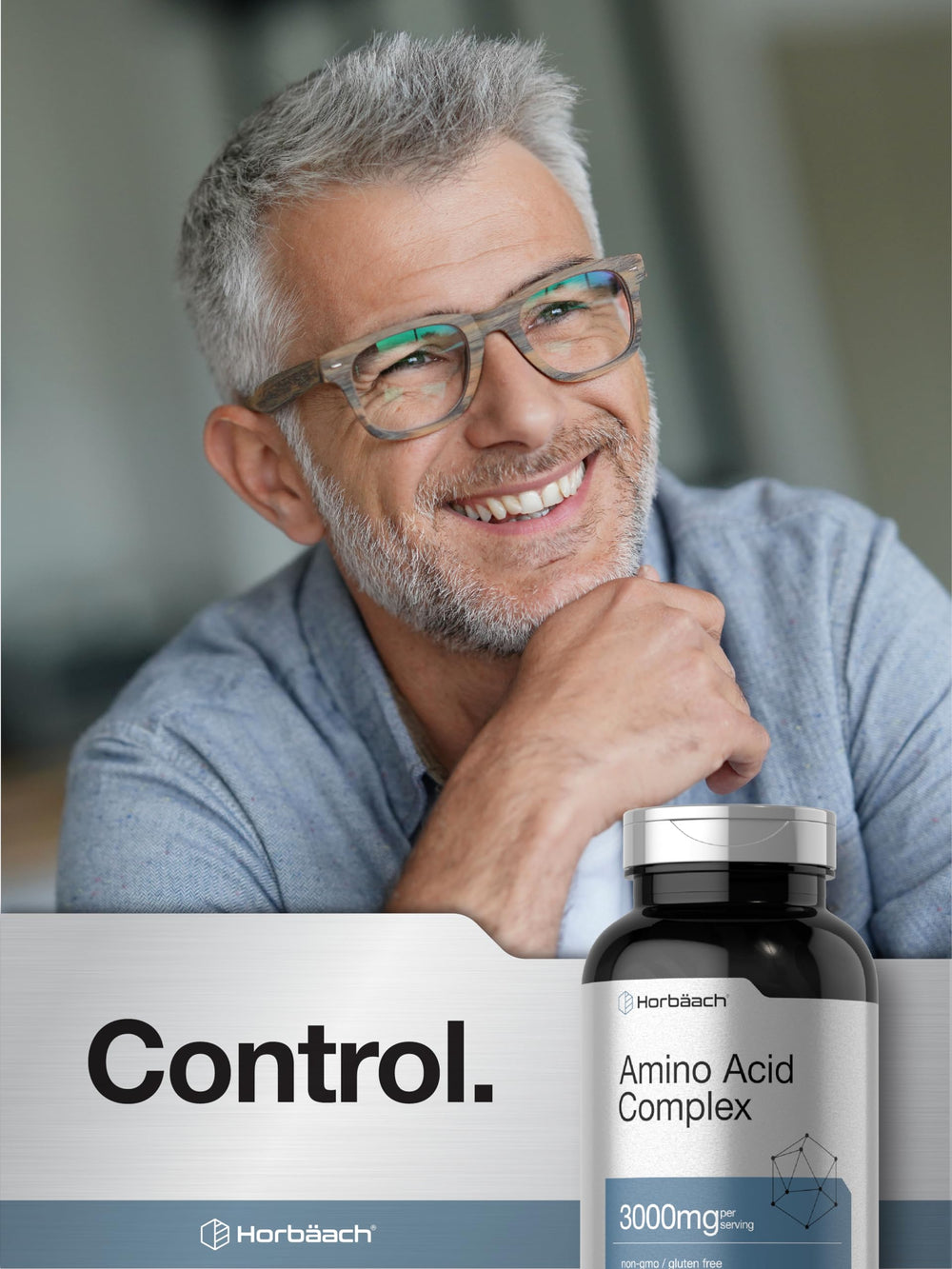 Horbäach Amino Acid Complex 3000mg non-GMO badge communicates purity