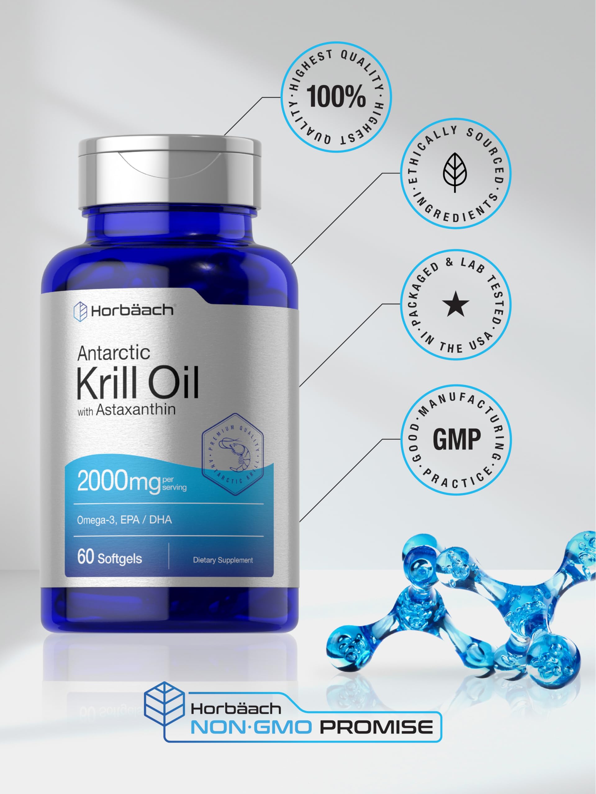 Label detail highlights purified krill oil and natural ingredients