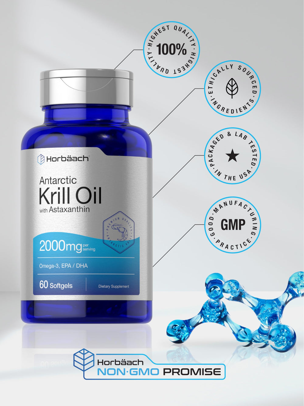 Label detail highlights purified krill oil and natural ingredients
