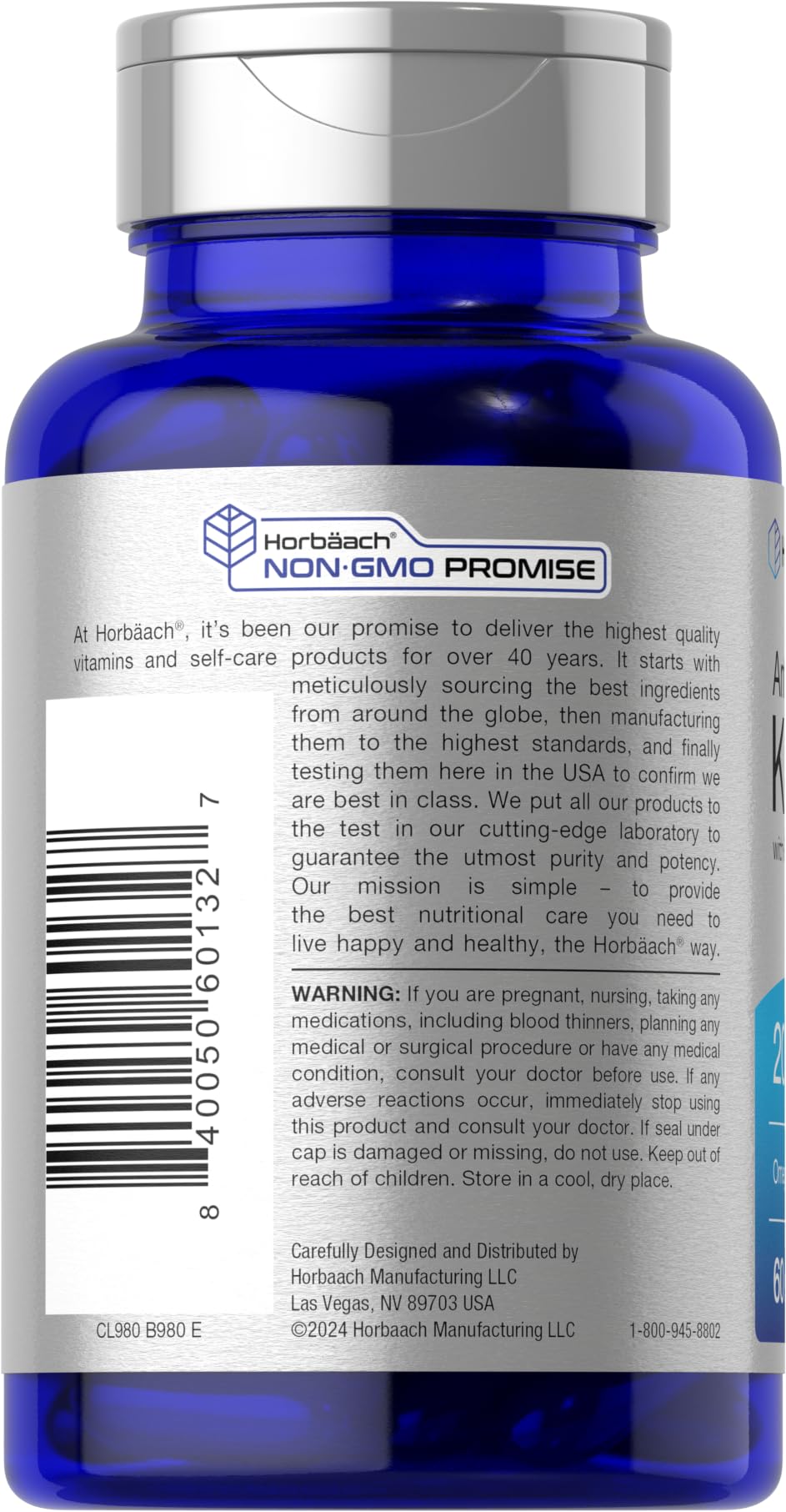Horbaach softgel bottle on shelf demonstrates gluten-free and non-GMO formulation