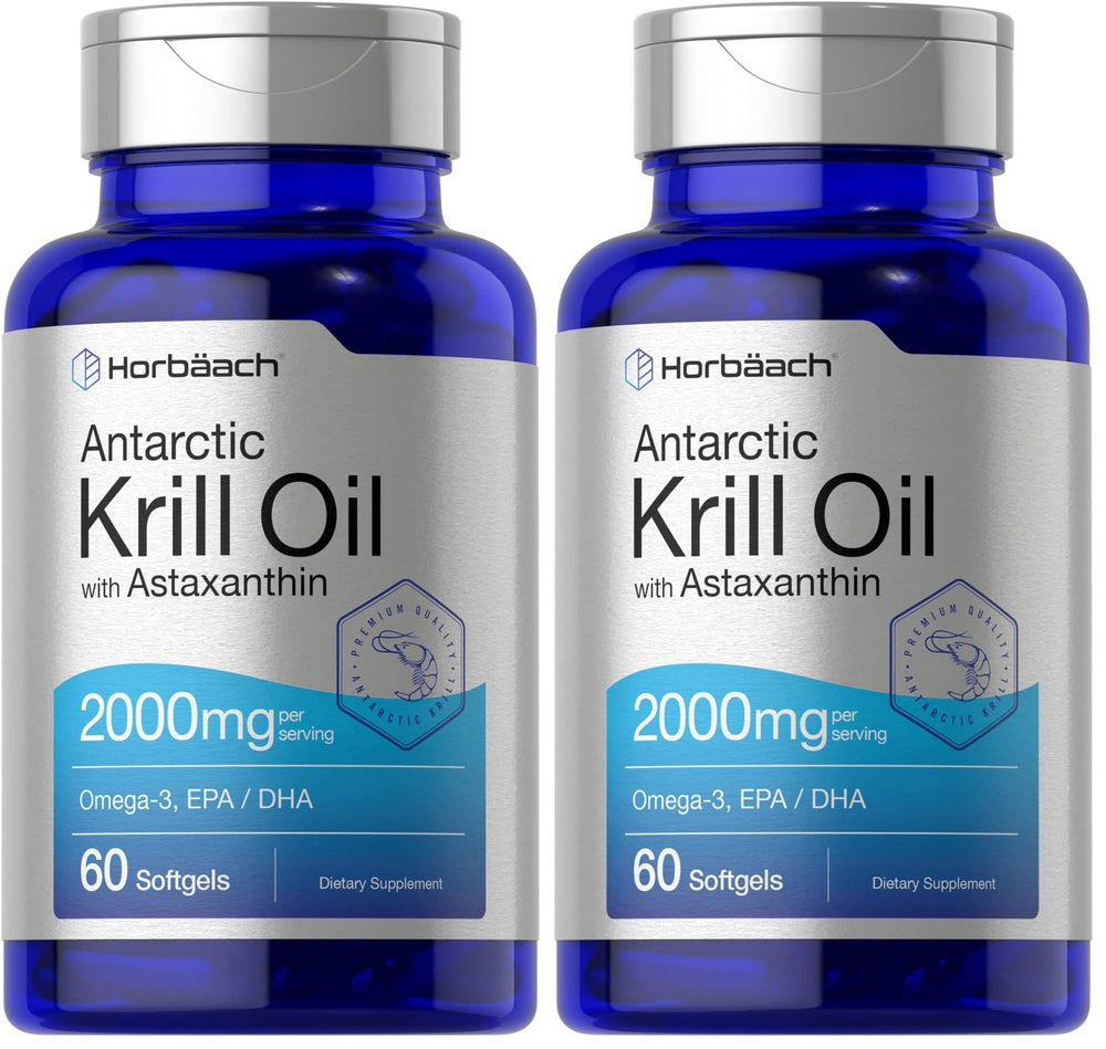 Horbaach Antarctic Krill Oil softgel bottle highlighting omega-3 support for daily wellness