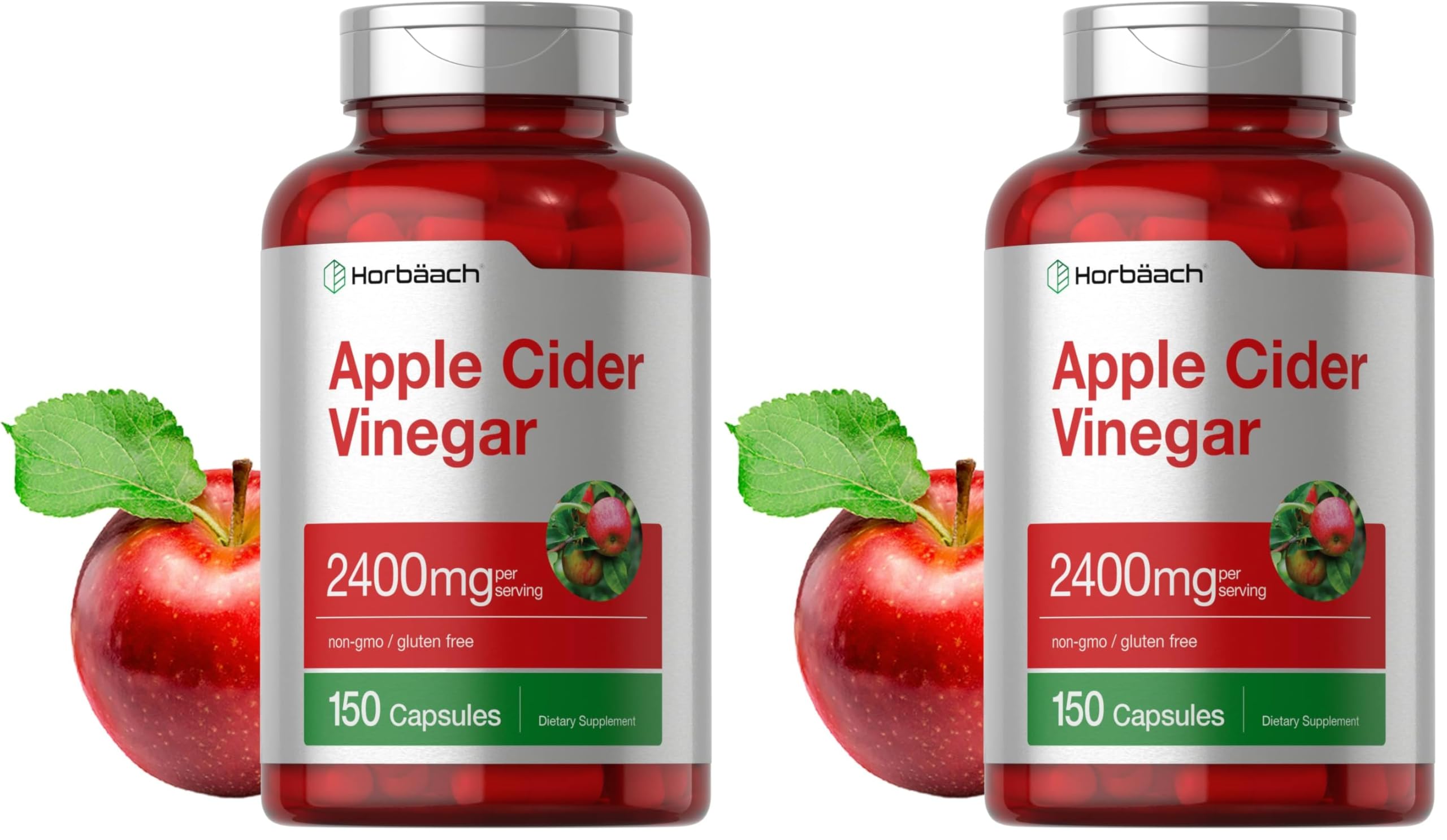 Horbäach Apple Cider Vinegar Capsules bottle highlights gluten-free daily supplement.
