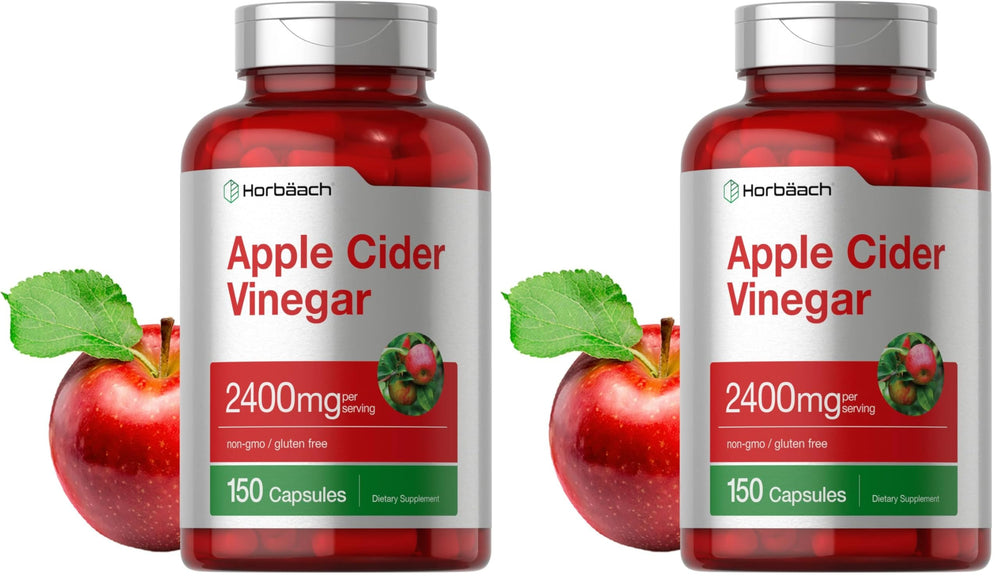 Horbäach Apple Cider Vinegar Capsules bottle highlights gluten-free daily supplement.
