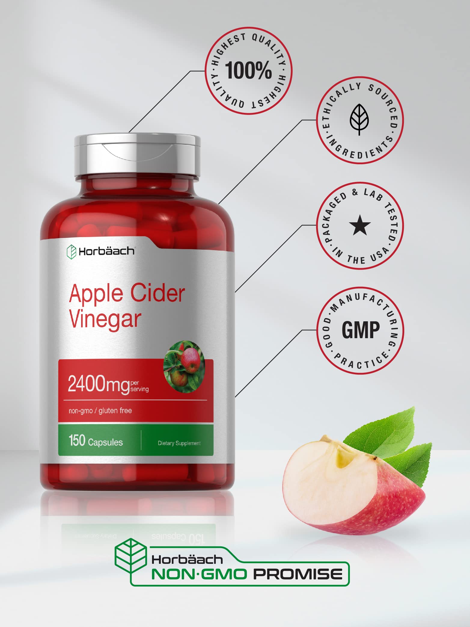 Horbäach Apple Cider Vinegar capsules dietary supplement, gluten-free and non-GMO.