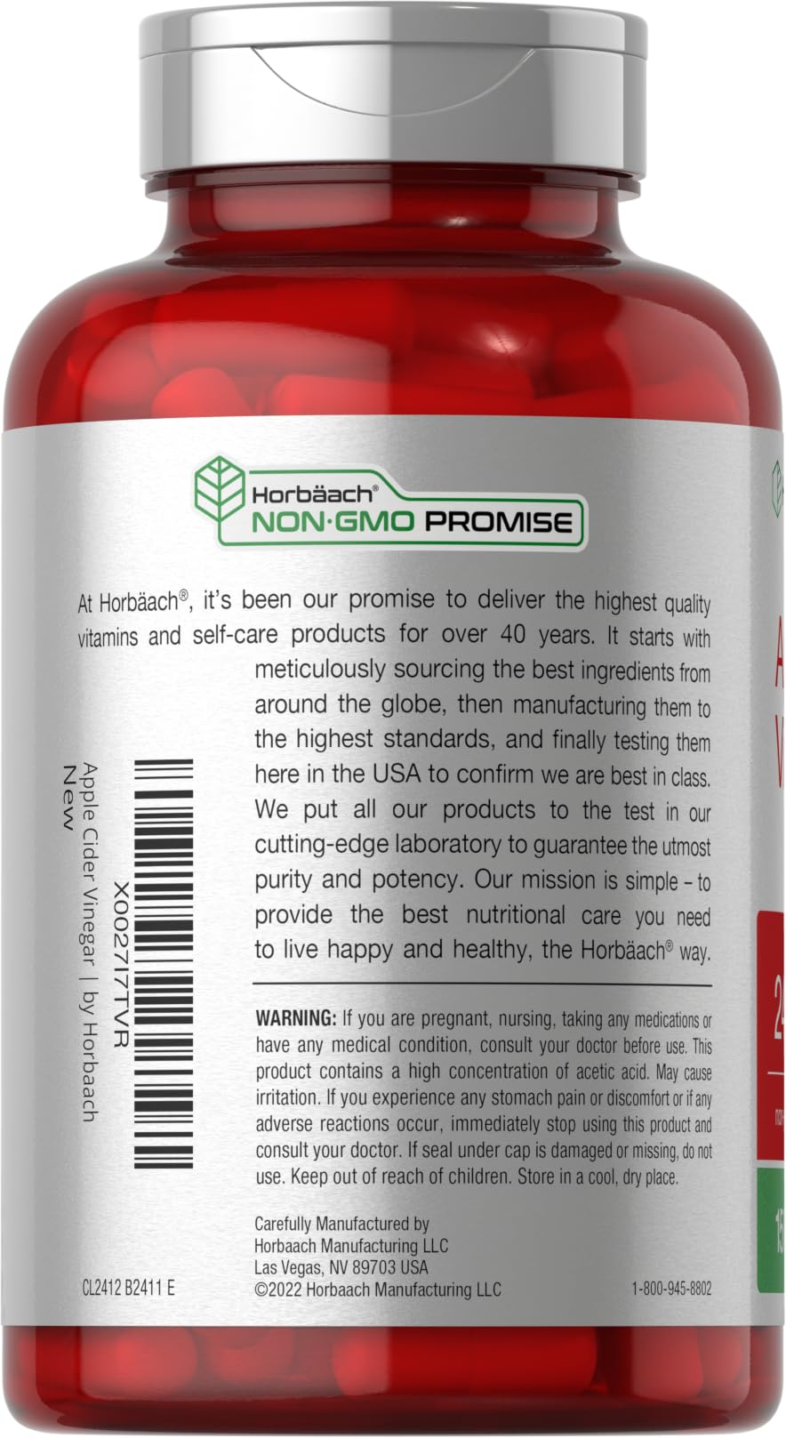 Horbäach Apple Cider Vinegar Capsules label view emphasizes natural apple origins.