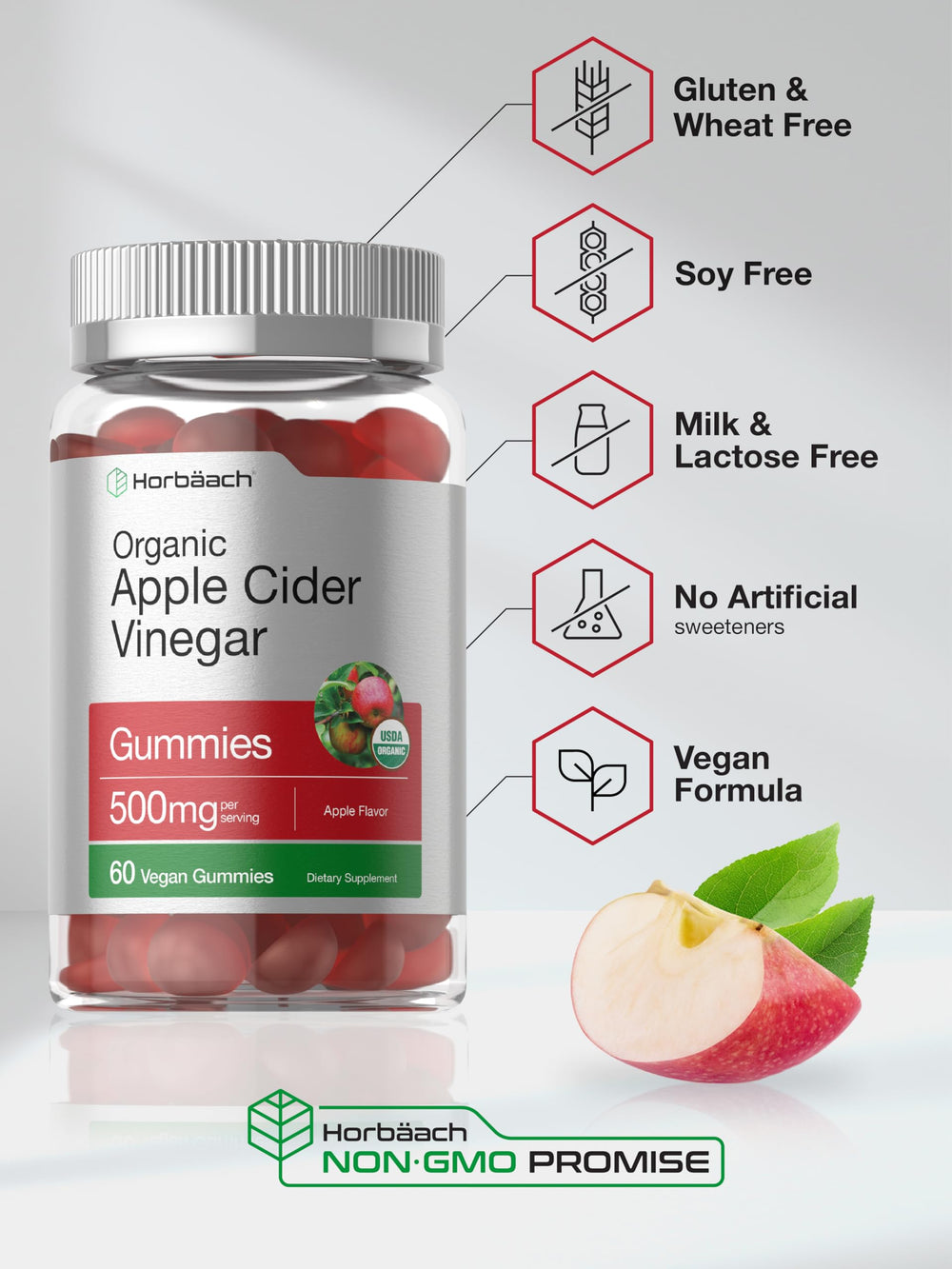 Horbäach apple-flavor gummies close-up emphasizes tasty, approachable ACV option.