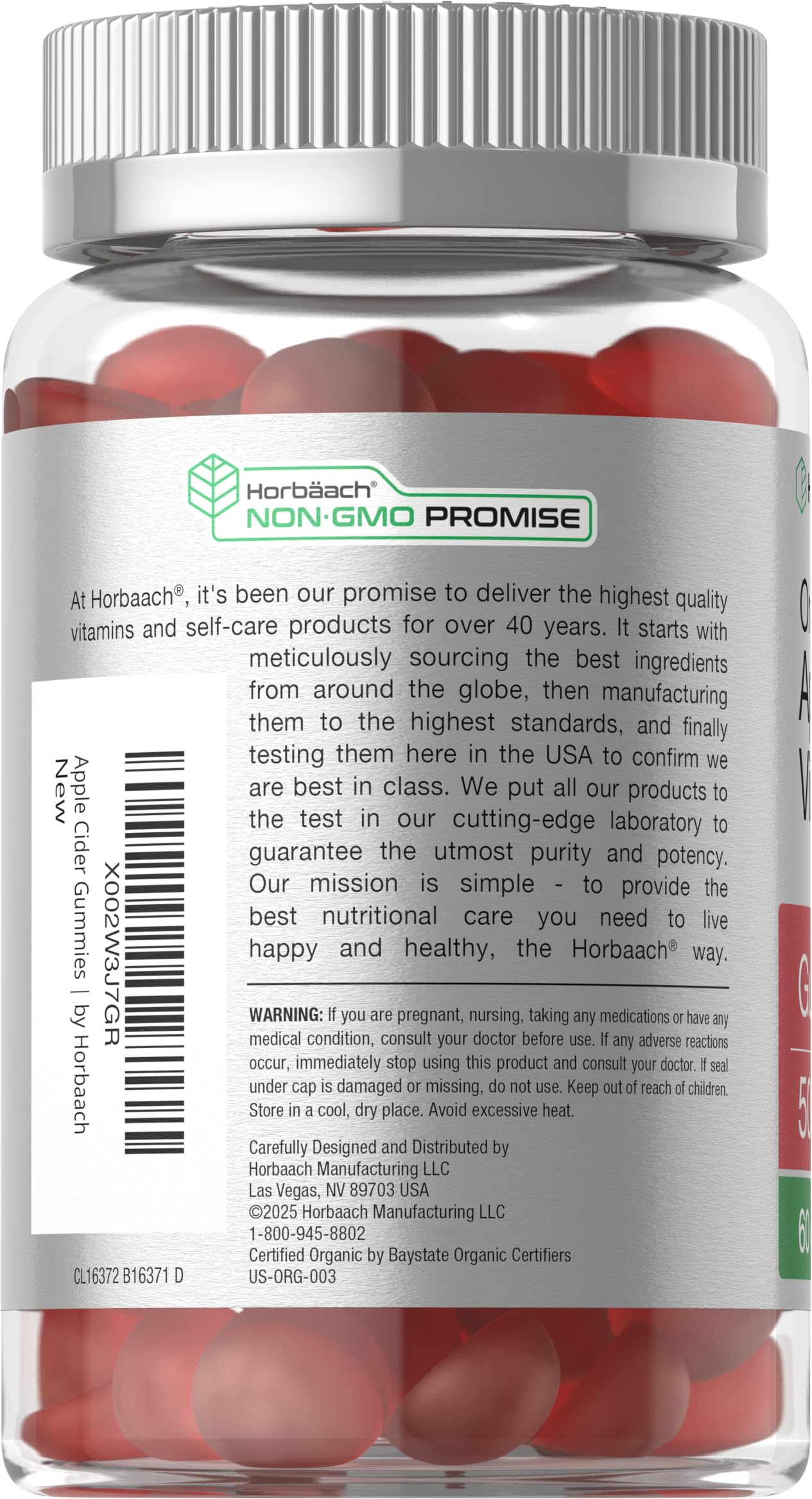 Horbäach gummies label showcasing organic, non-GMO, gluten-free ingredients.