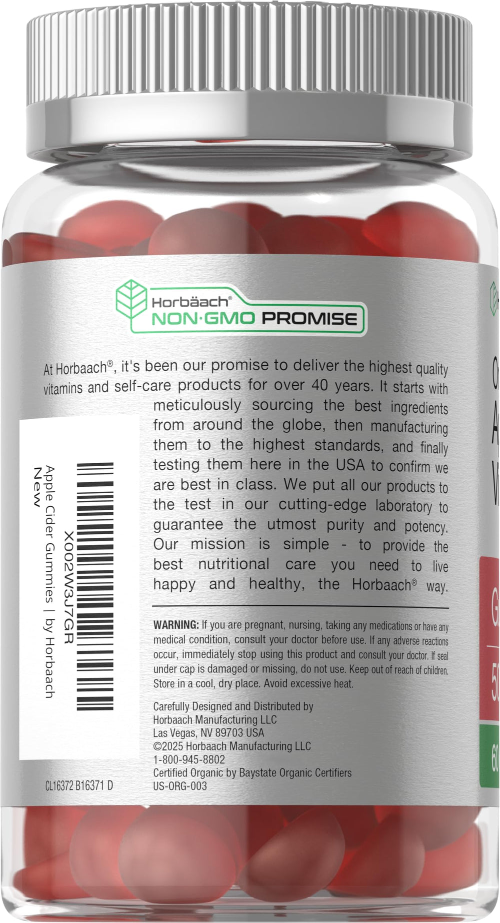 Horbäach gummies label showcasing organic, non-GMO, gluten-free ingredients.
