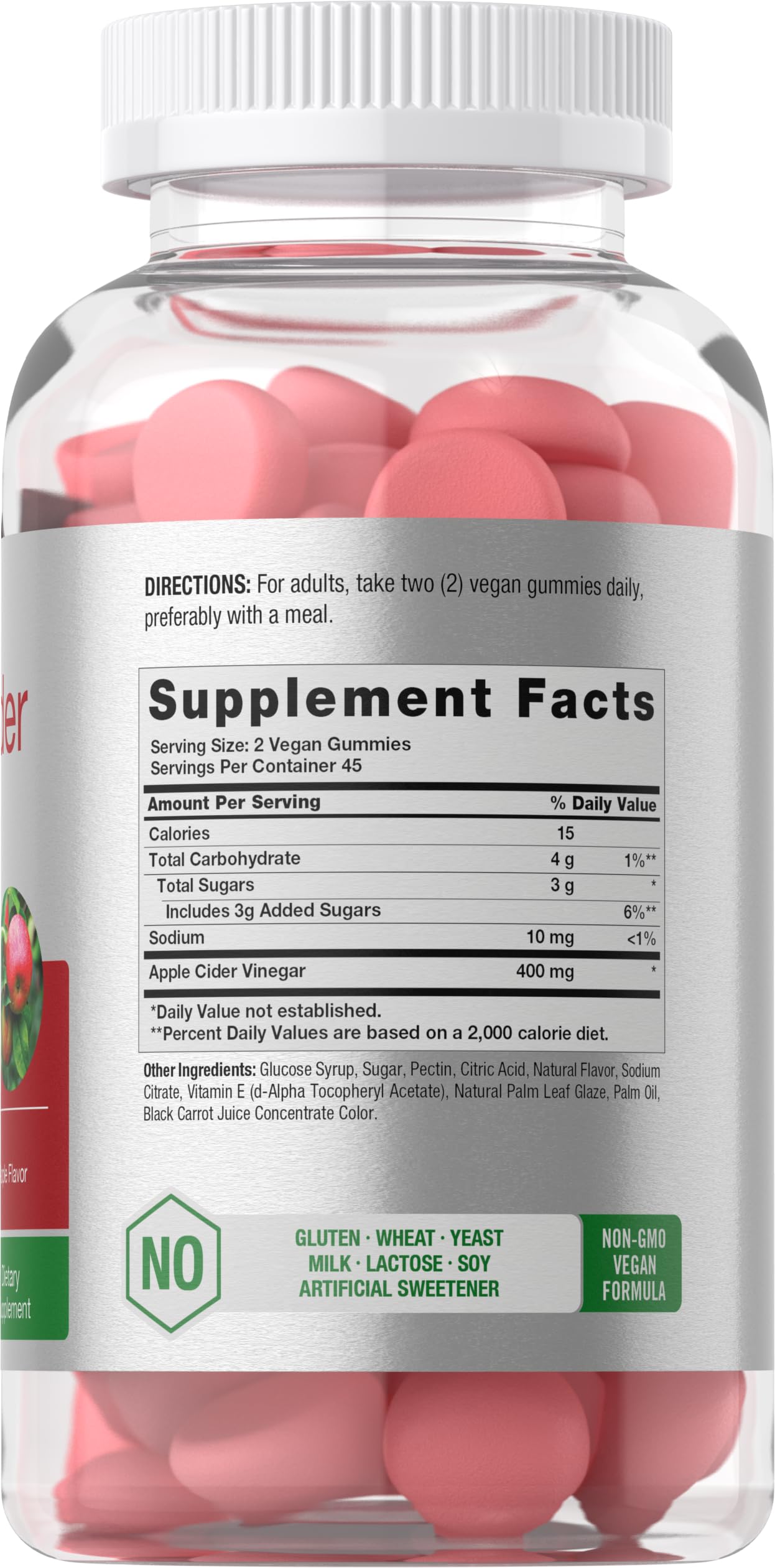 Horbäach ACV gummies label showing gluten-free and non-GMO ingredients