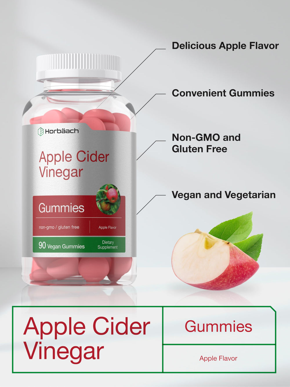 Horbäach apple-flavored ACV gummies close-up with chewy texture
