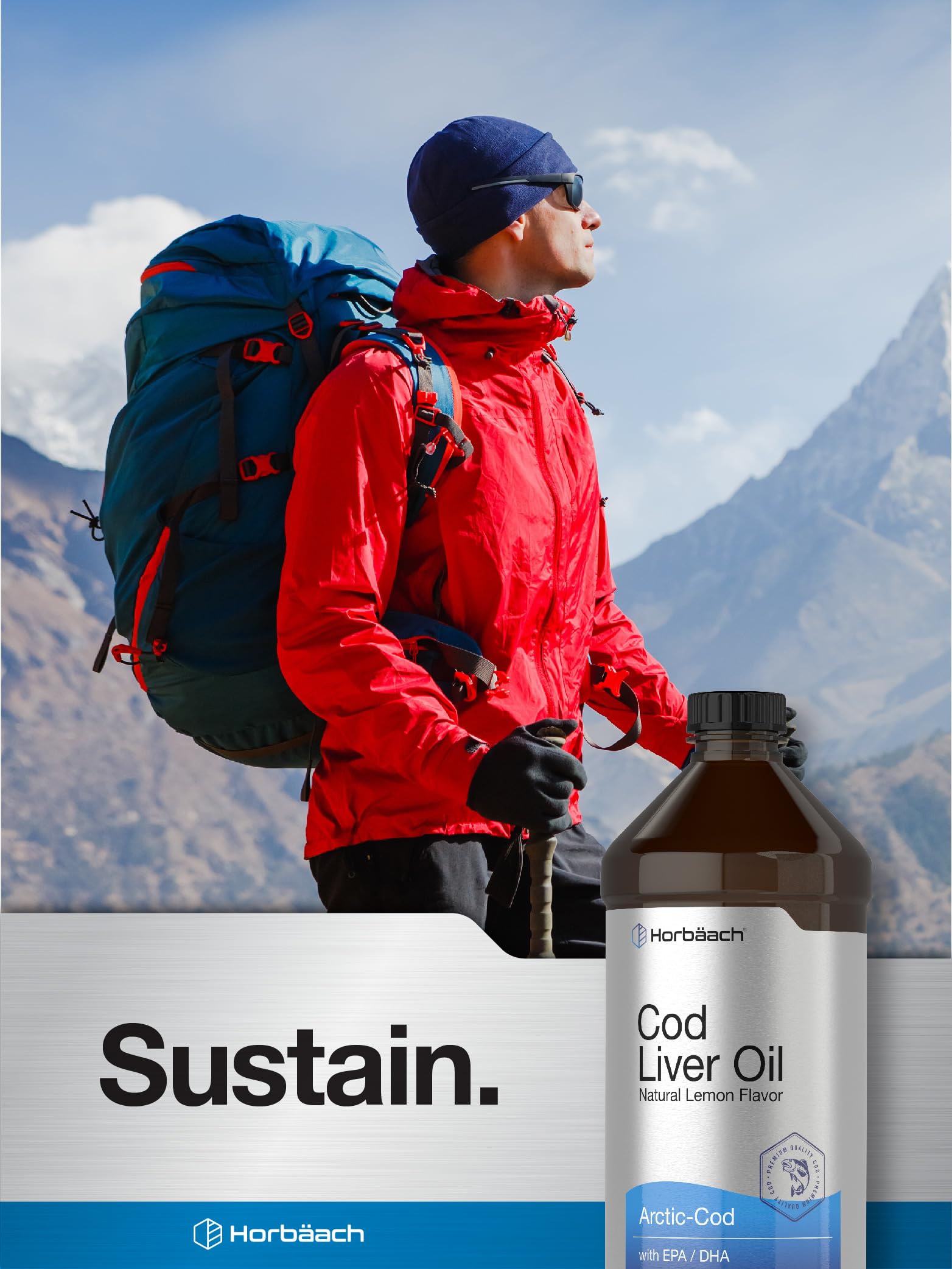 Horbäach Arctic Cod Liver Oil bottle with dropper, convenient dosing.