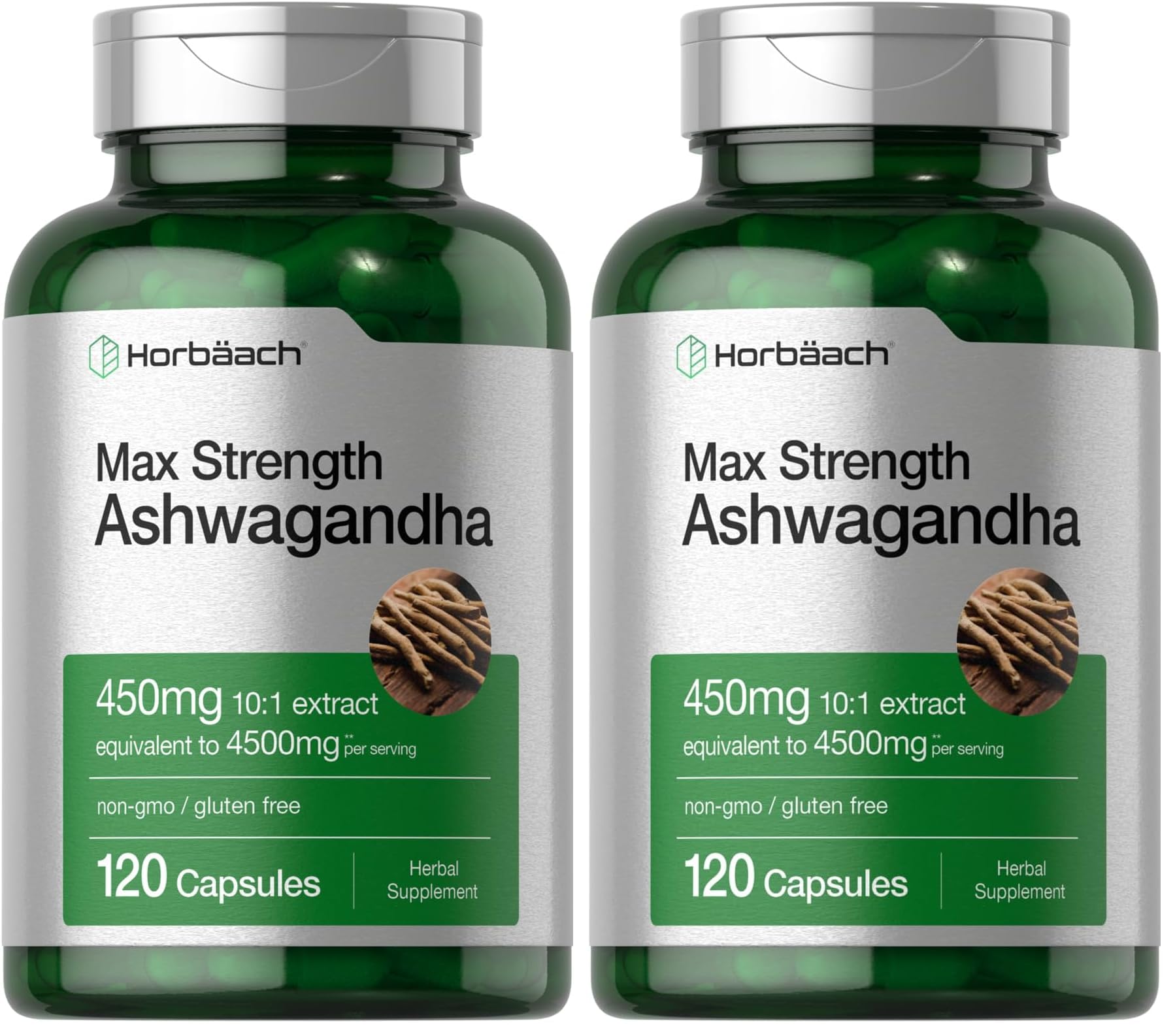 Horbäach Ashwagandha bottle top view for daily wellness support.