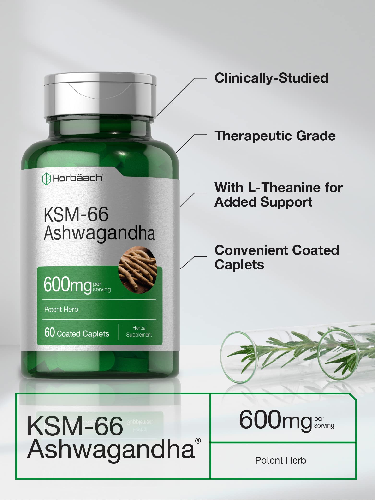Horbaach Ashwagandha caplets label closeup; premium adaptogenic blend.
