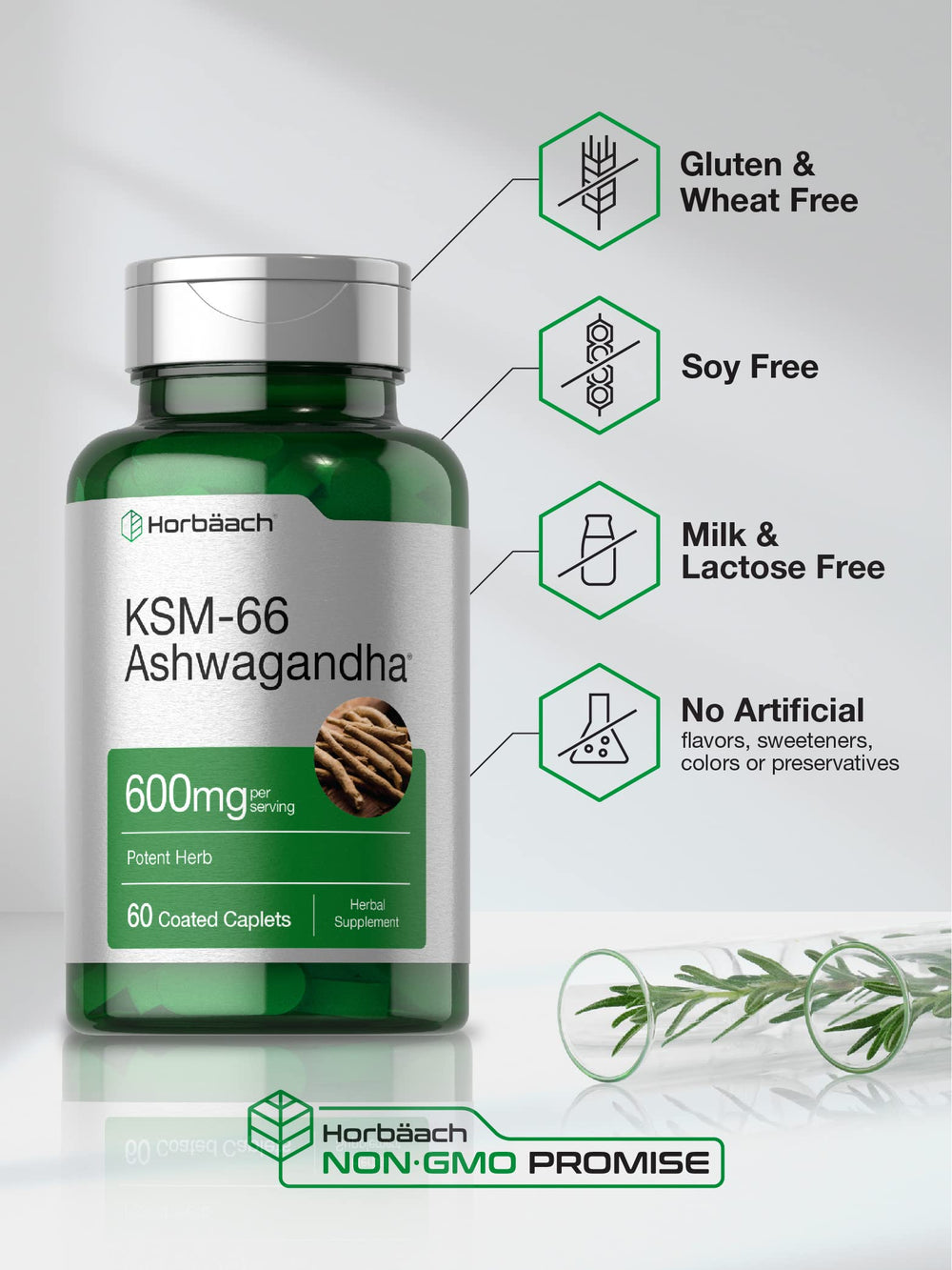 Horbäach Ashwagandha ingredients visual highlights vegan formula and clean ingredients.