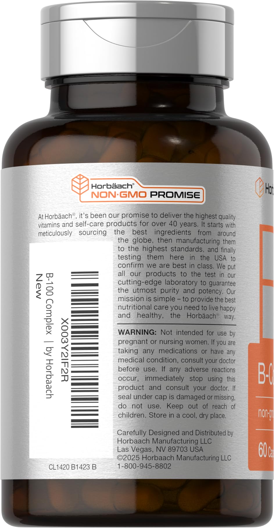 Horbäach B-100 Complex label detail showing gluten free non-GMO formula