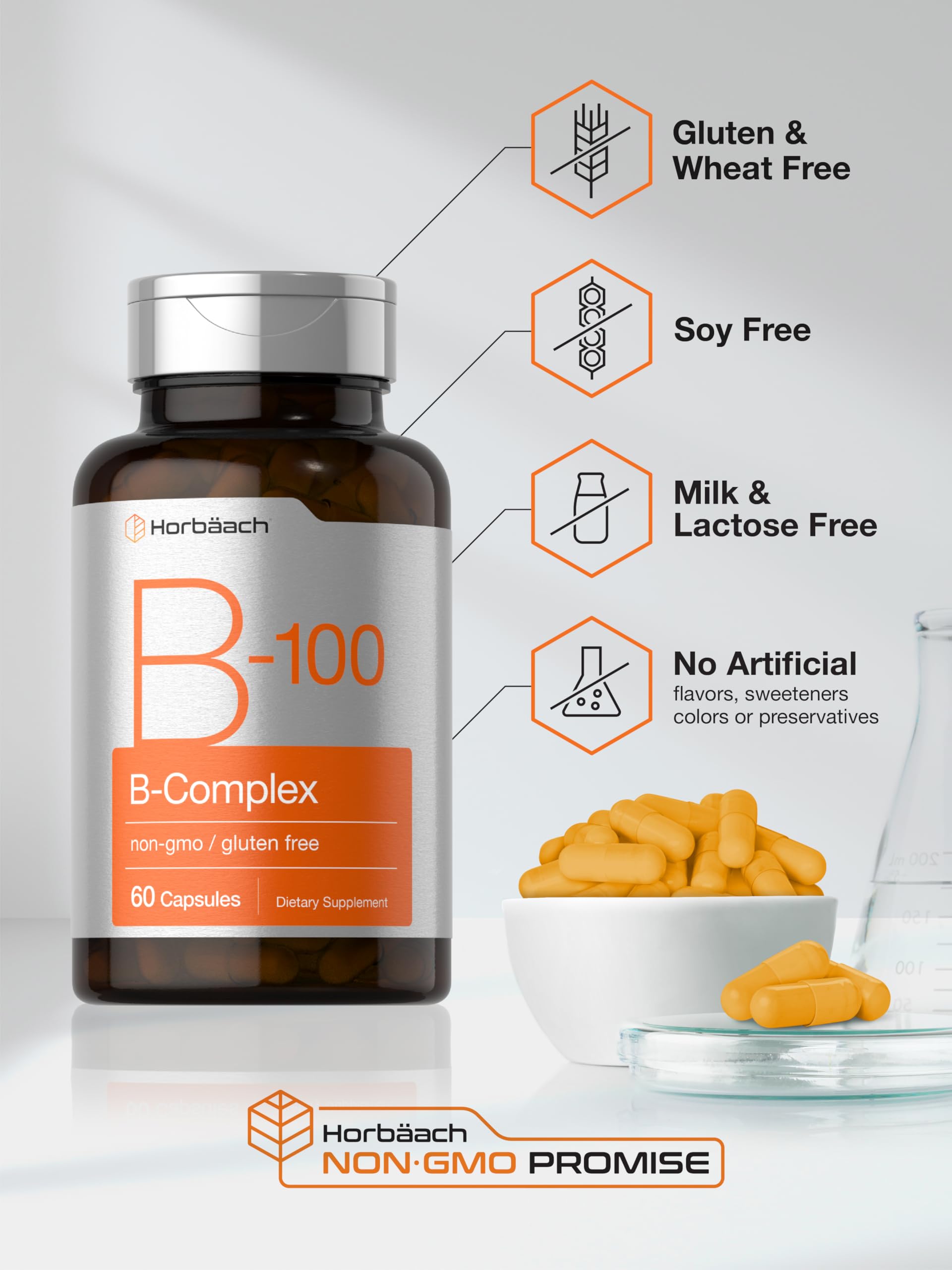 Horbäach B-100 Complex nutrition panel highlights high-potency vitamins