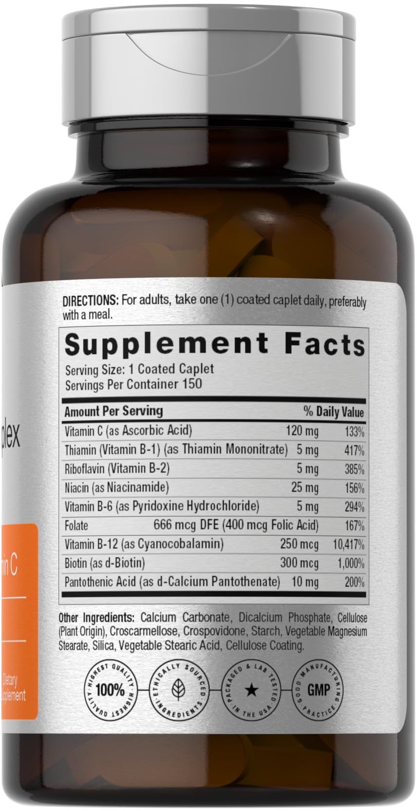 Horbaach B Complex bottle back label notes non-GMO and gluten-free certification.