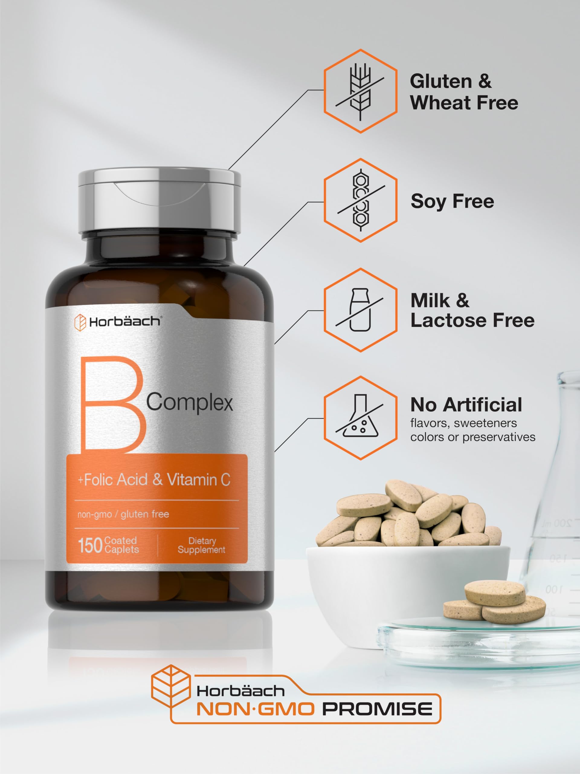 Horbaach B Complex label includes folic acid and vitamin C.