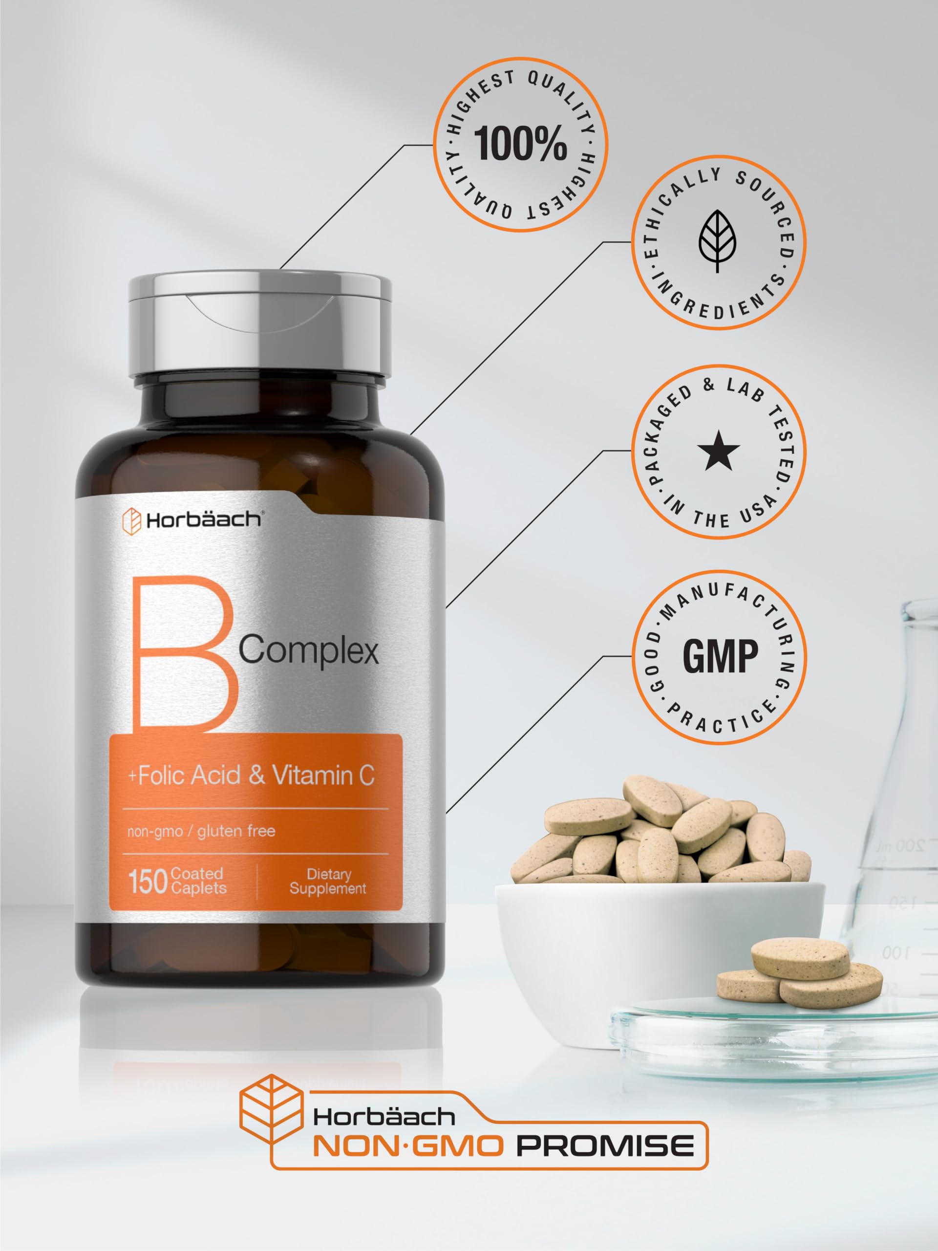 Bottle on shelf emphasizes Horbaach B Complex high potency for daily use.