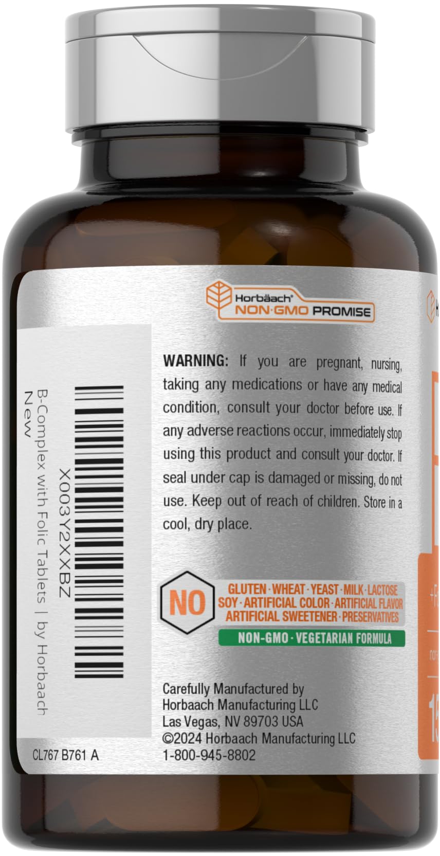 Soft-coated vegetarian caplets from Horbaach B Complex for easy swallowing.