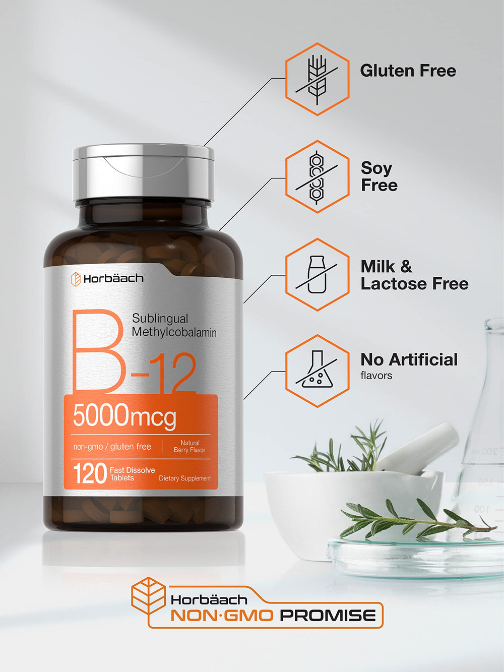 Horbäach B12 packaging highlighting gluten-free and non-GMO attributes