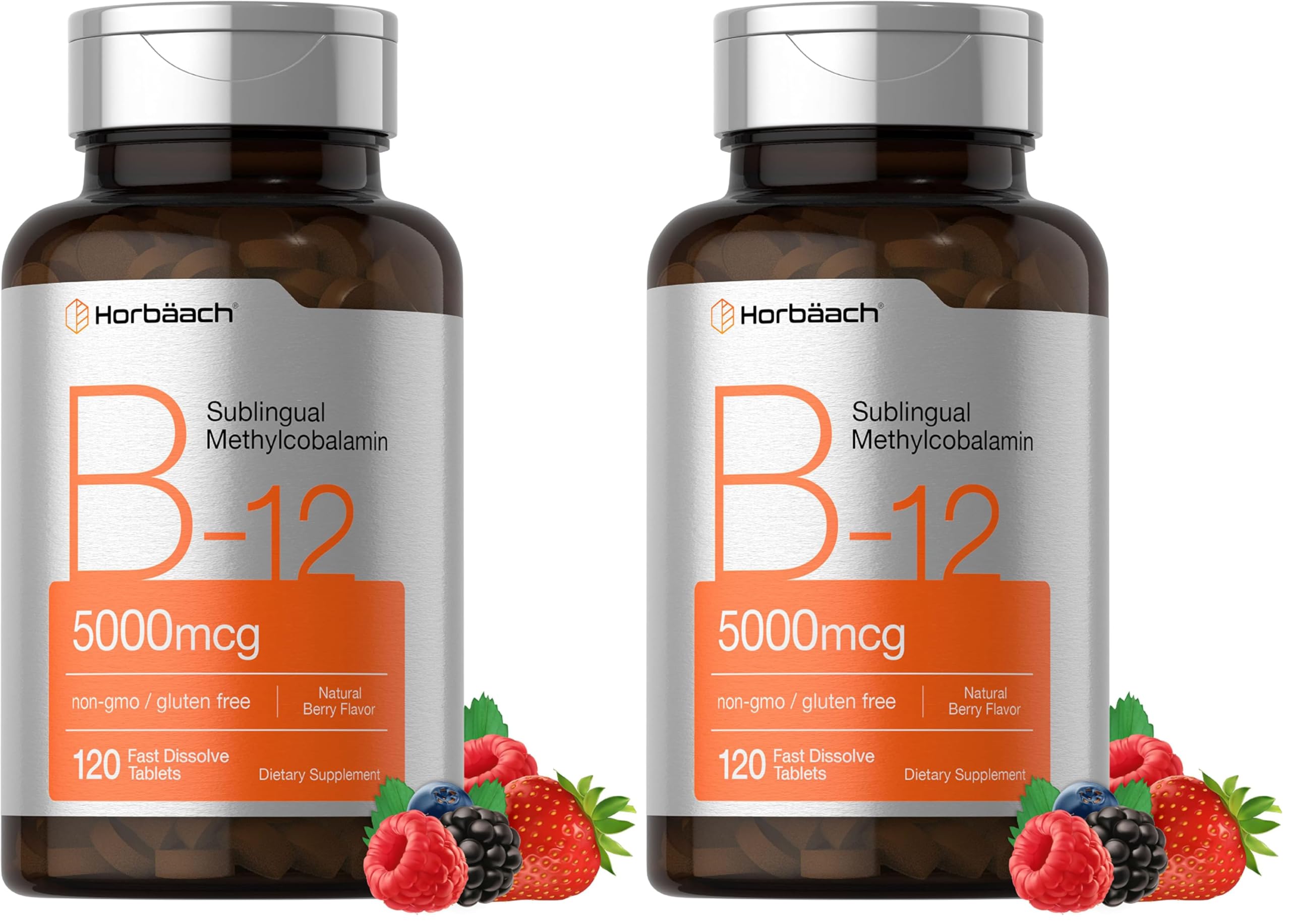 Horbäach B12 berry-flavored sublingual tablets two-pack for convenient daily use