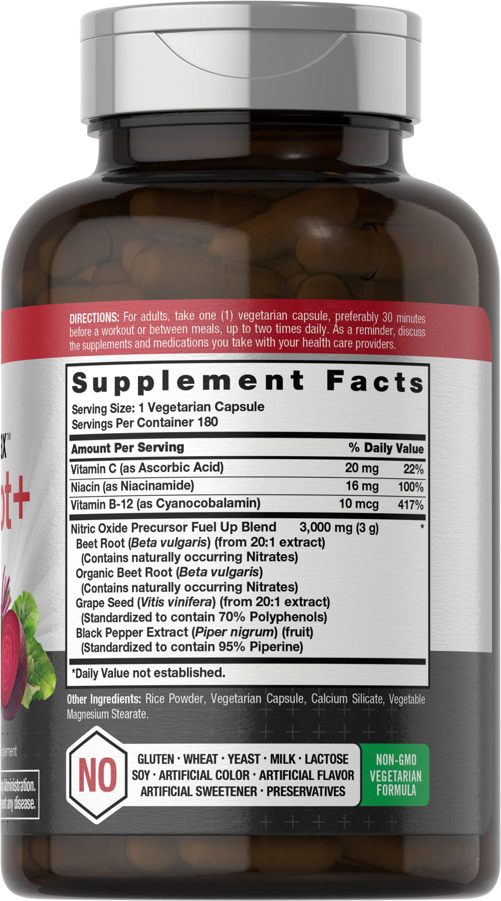Horbäach beet root capsules label close-up reveals clean, allergen-free formula.