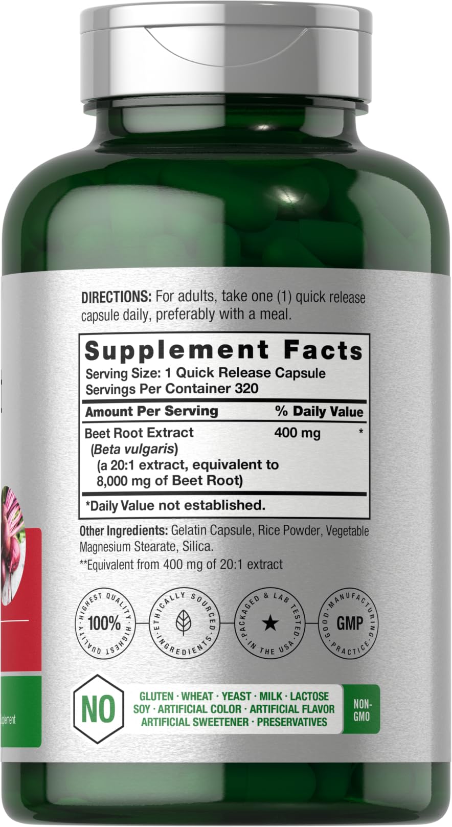 Horbäach Beet Root Powder Bottle Front – non-GMO gluten-free formula on display.