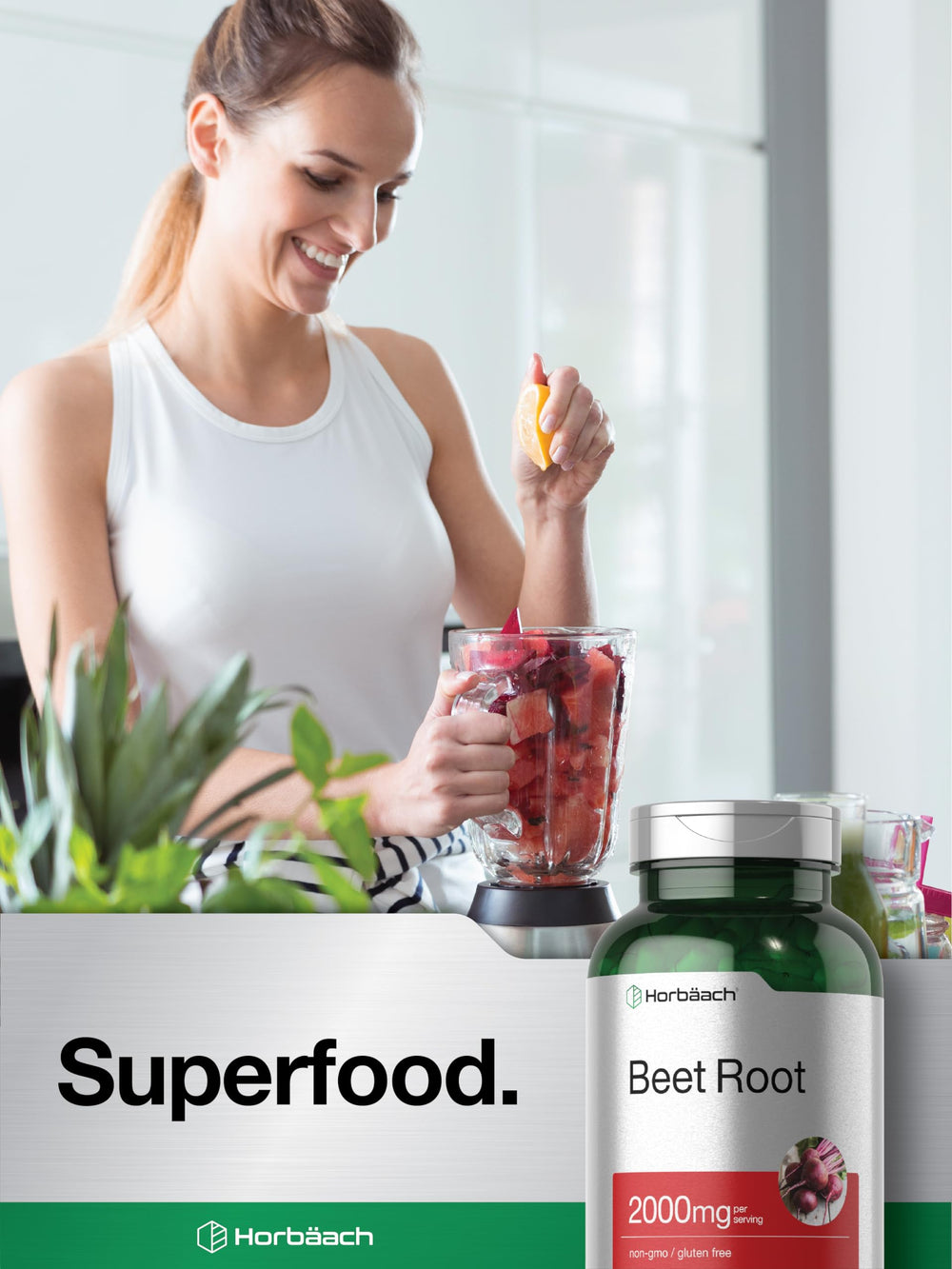 Non-GMO and gluten-free Horbäach beet root capsule label
