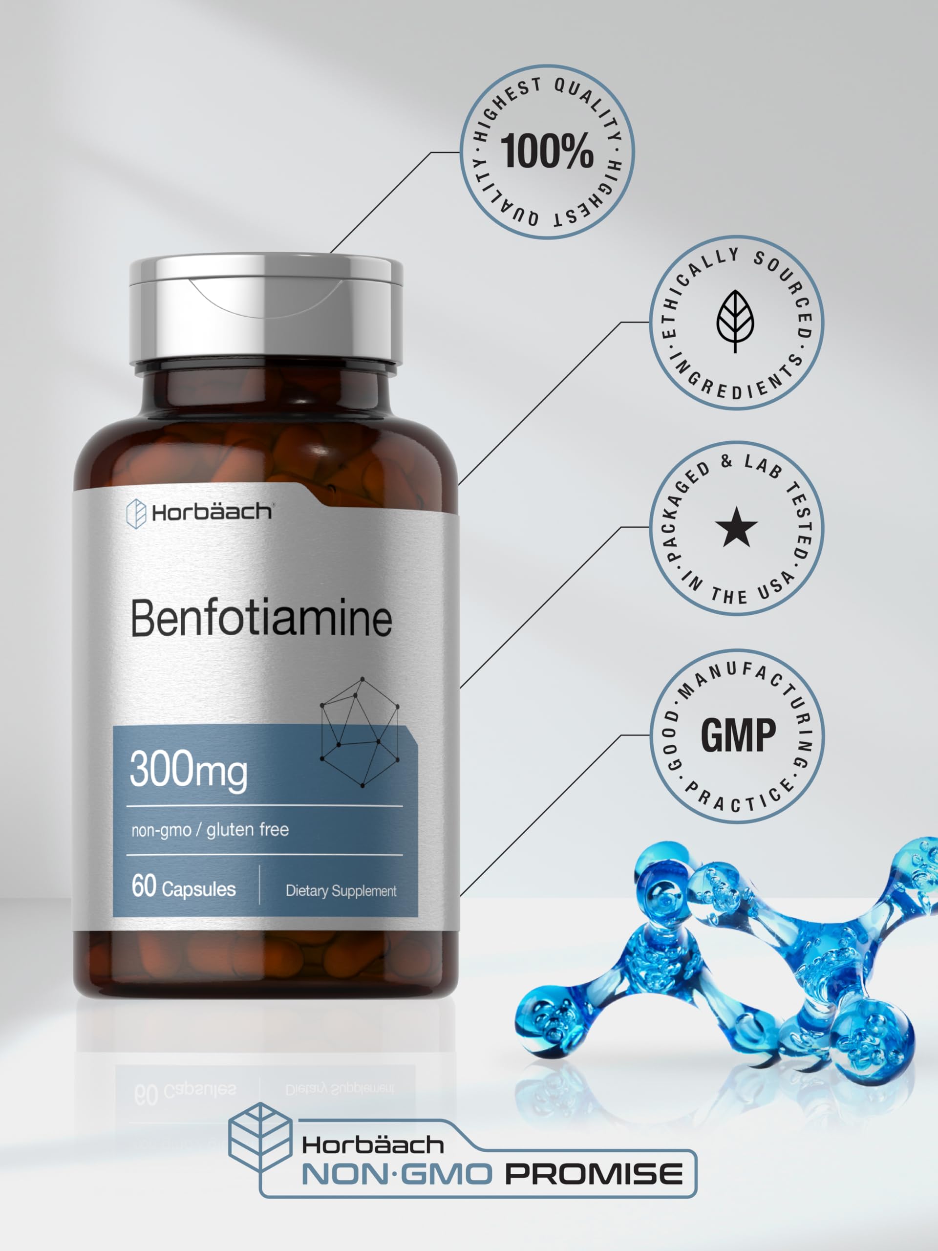 Horbaach Benfotiamine capsules neatly stacked.
