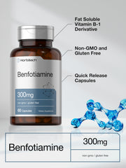 Detail of Horbaach Benfotiamine label showing gluten-free and non-GMO marks.