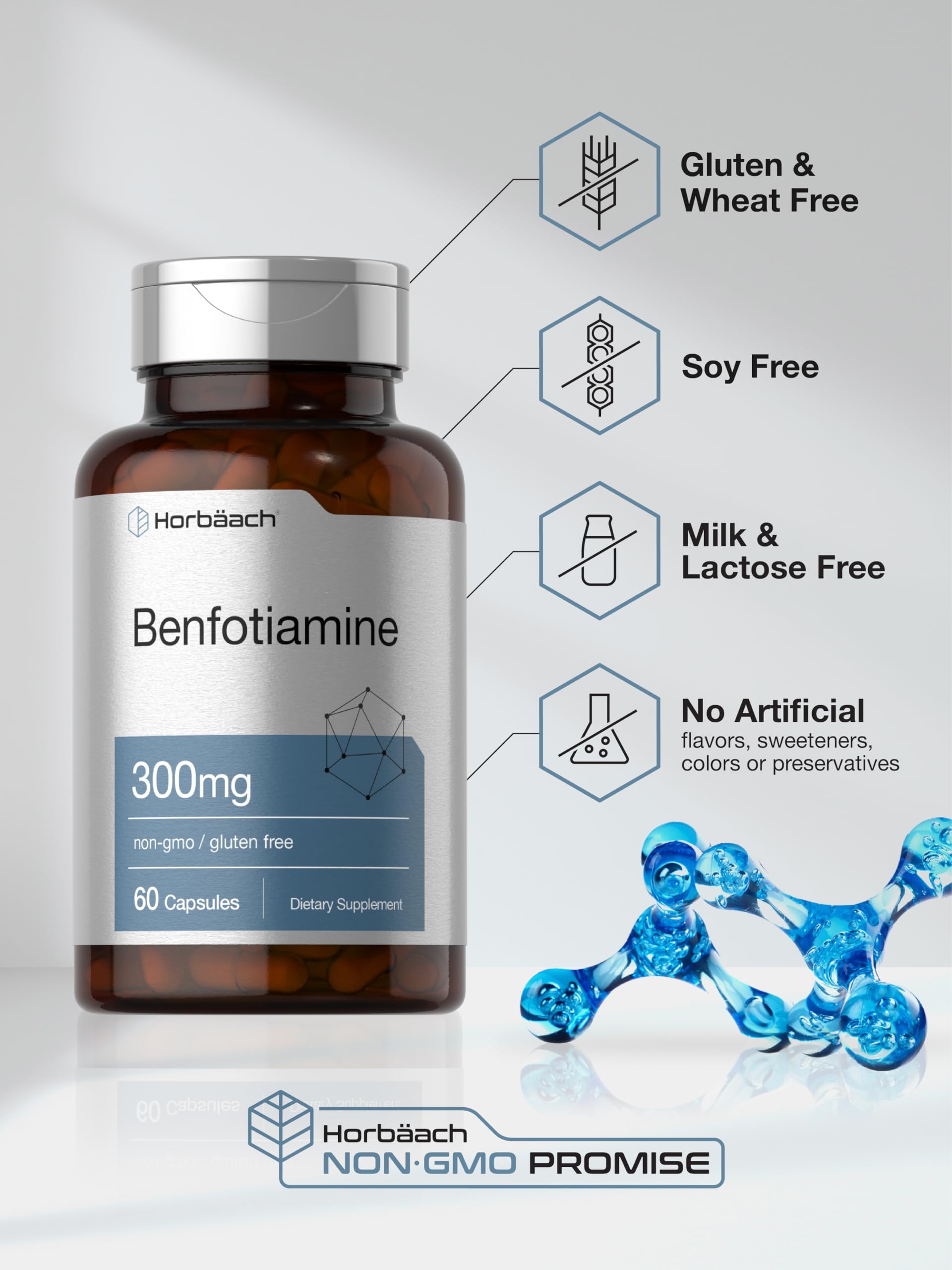 Horbaach Benfotiamine packaging with gluten-free icons.