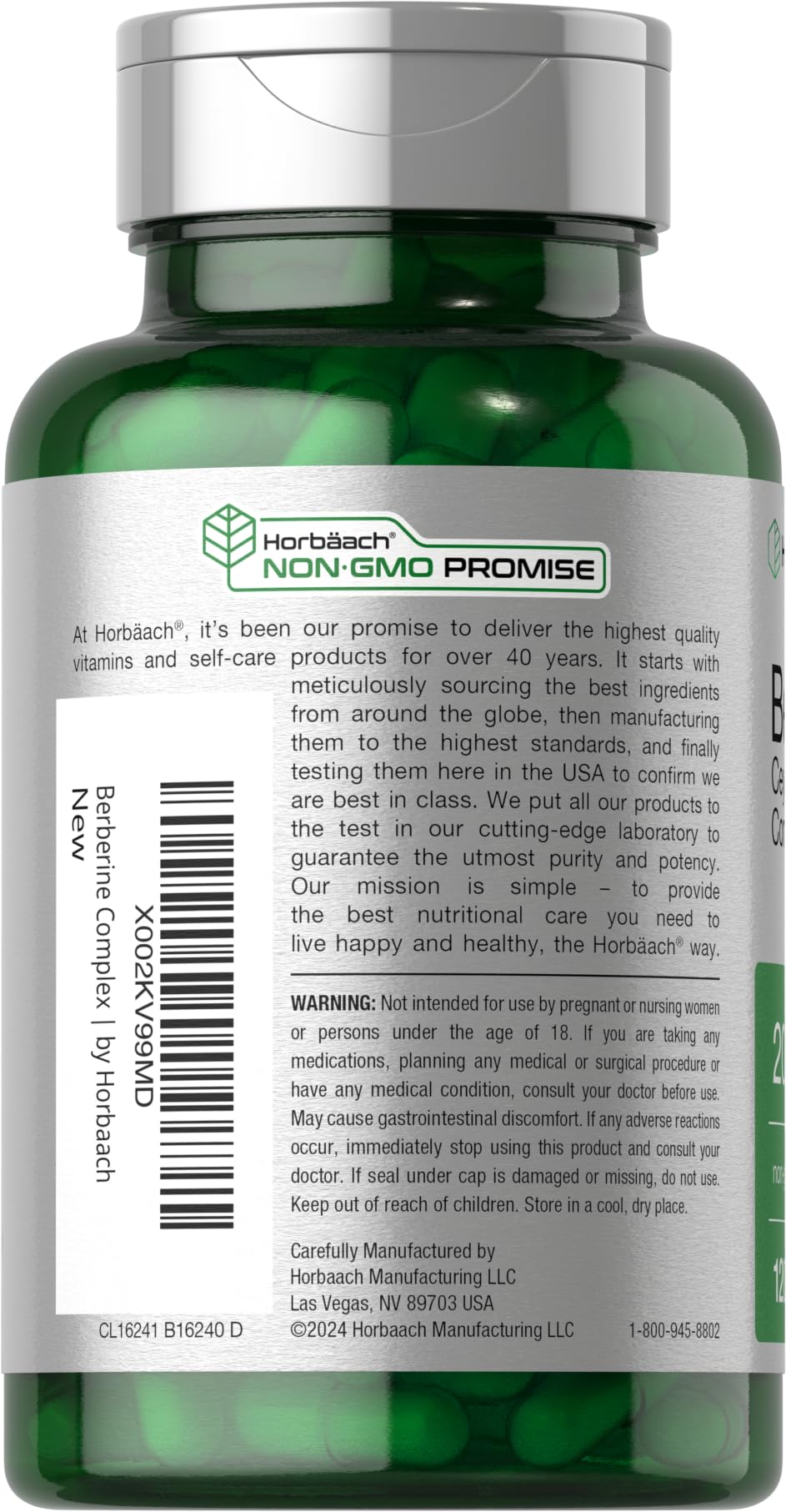 Horbaach Berberine Cinnamon capsules offer convenient vegetarian daily use.
