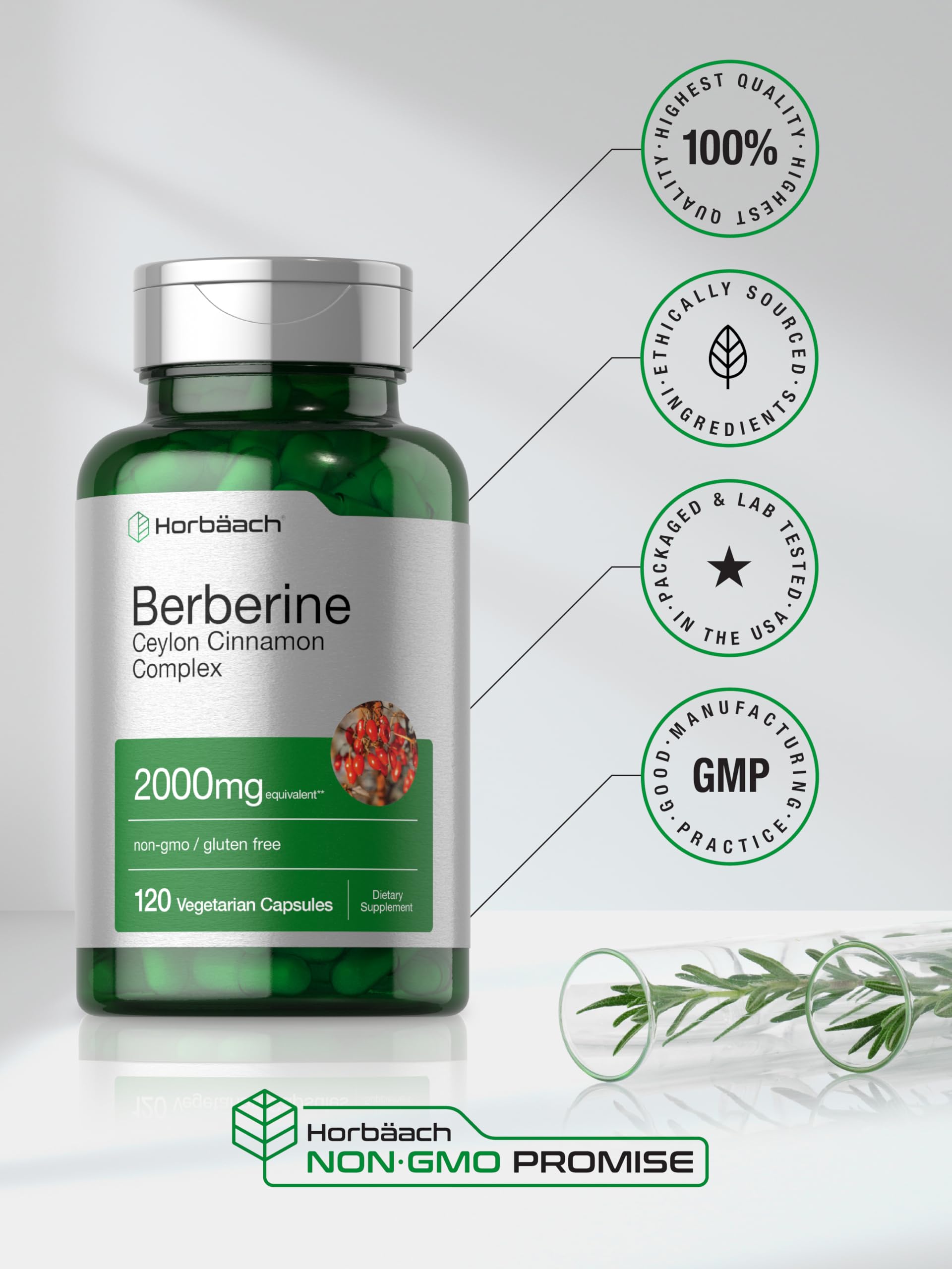 Horbäach Berberine Cinnamon icons indicate vegetarian, non-GMO, gluten-free certifications