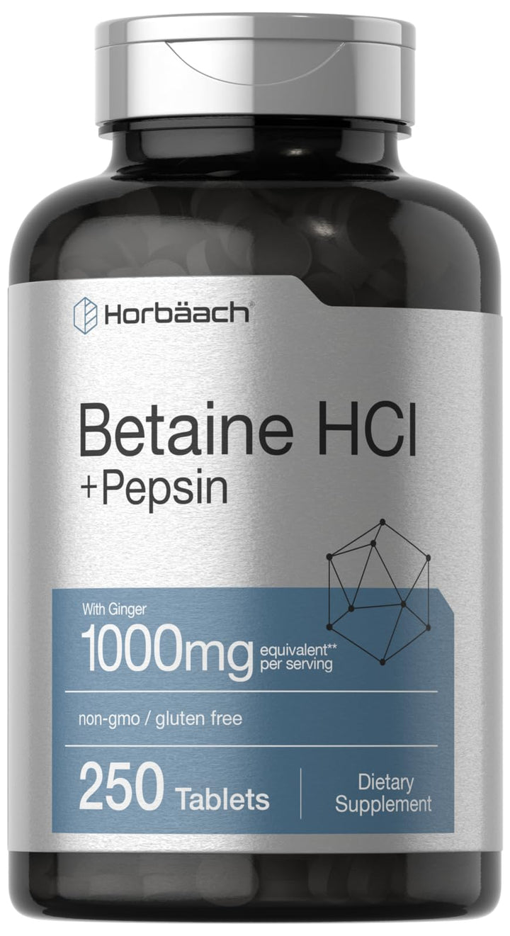 Horbäach Betaine HCl with Pepsin bottle front view supports meal digestion