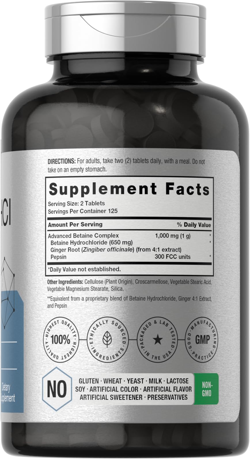 Horbäach Betaine HCl with Pepsin bottle side view highlights 1000 mg serving