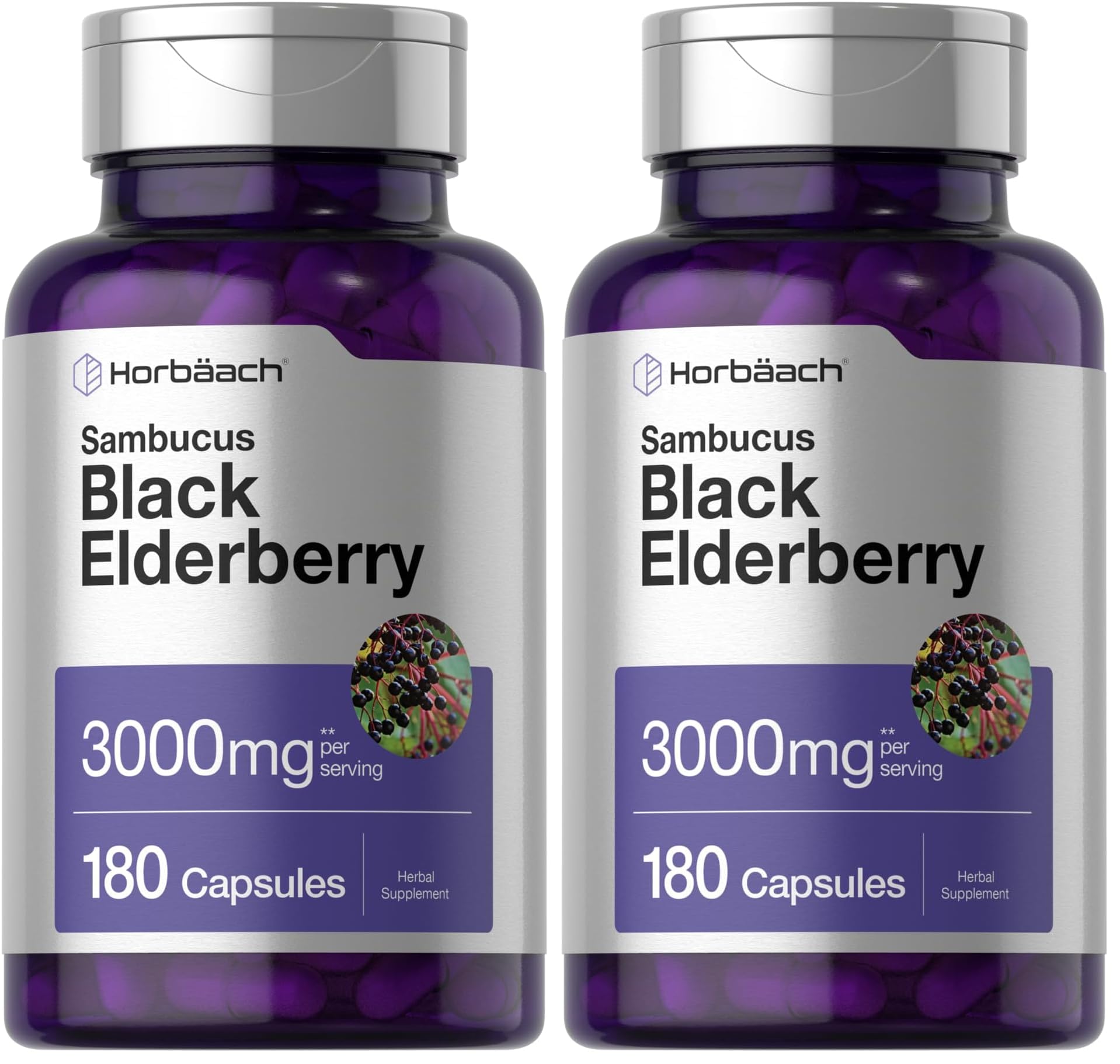 Horbäach Black Elderberry capsules bottle, convenient daily supplement option