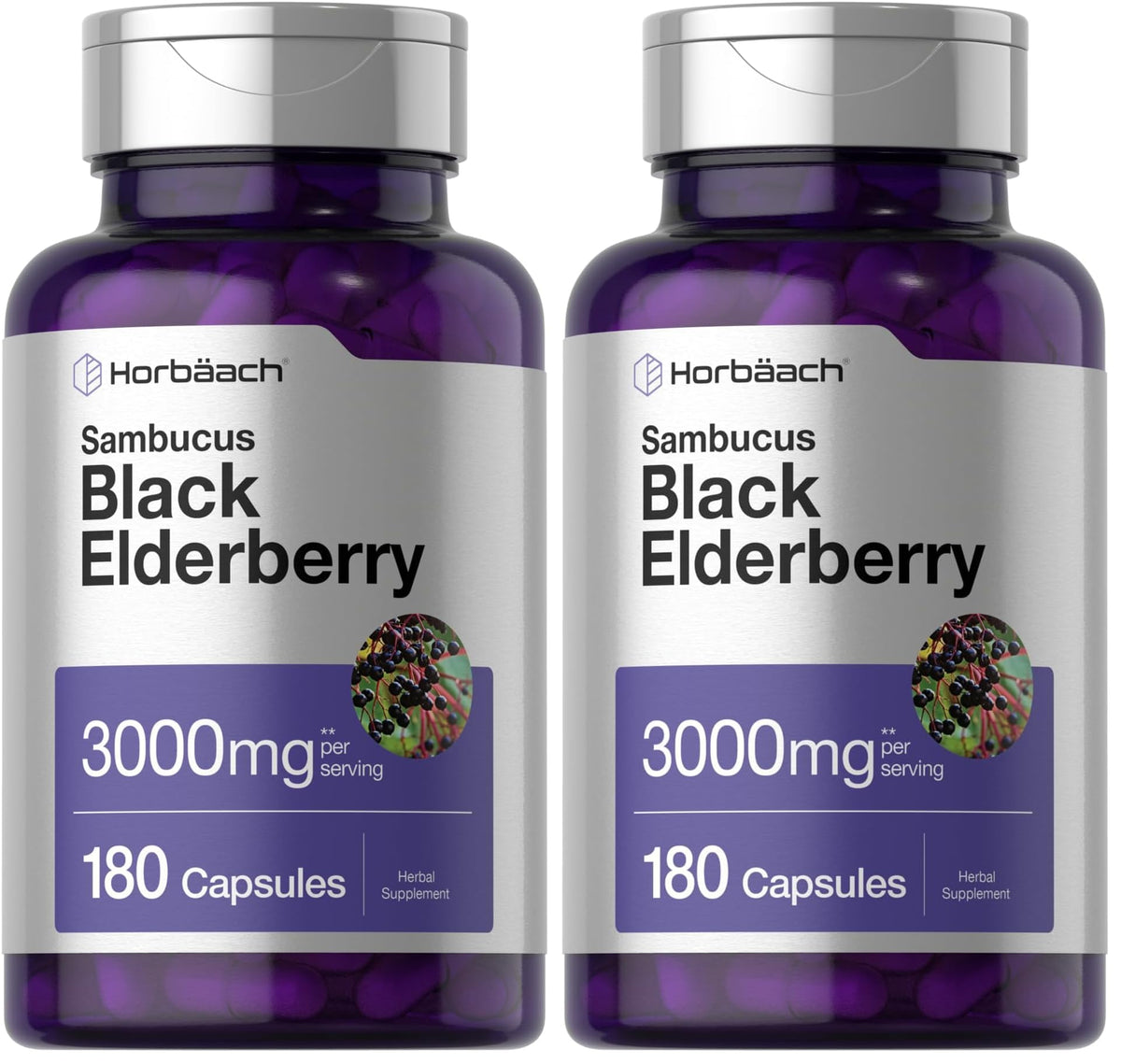 Horbäach Black Elderberry capsules bottle, convenient daily supplement option