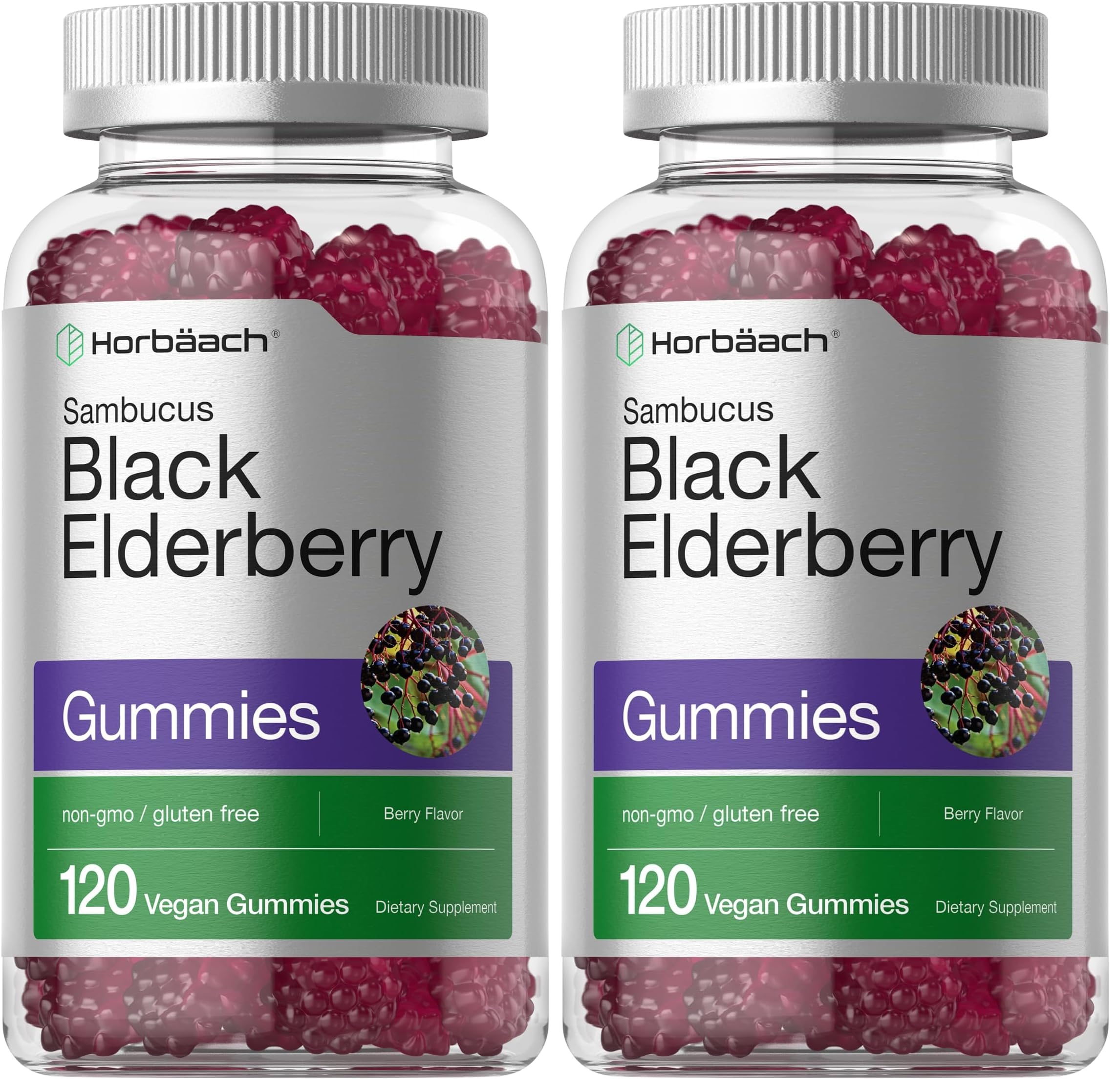 Horbaach black elderberry gummies bottle, vegan and gluten-free.