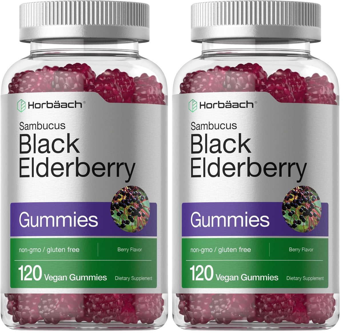 Horbaach black elderberry gummies bottle, vegan and gluten-free.