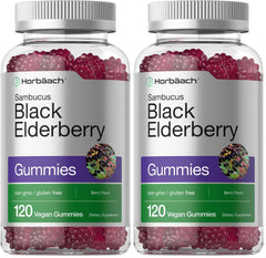 Horbaach black elderberry gummies bottle, vegan and gluten-free.