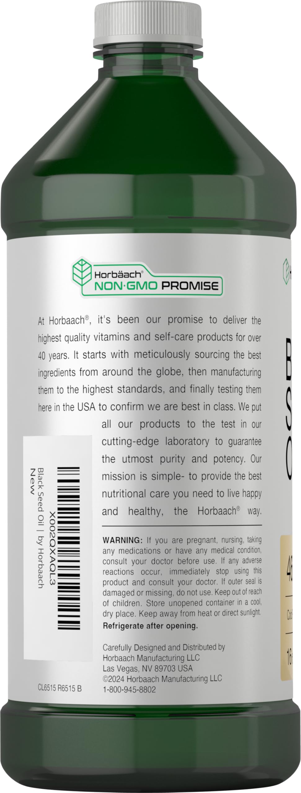 Horbäach Black Seed Oil label closeup emphasizing purity and origin.