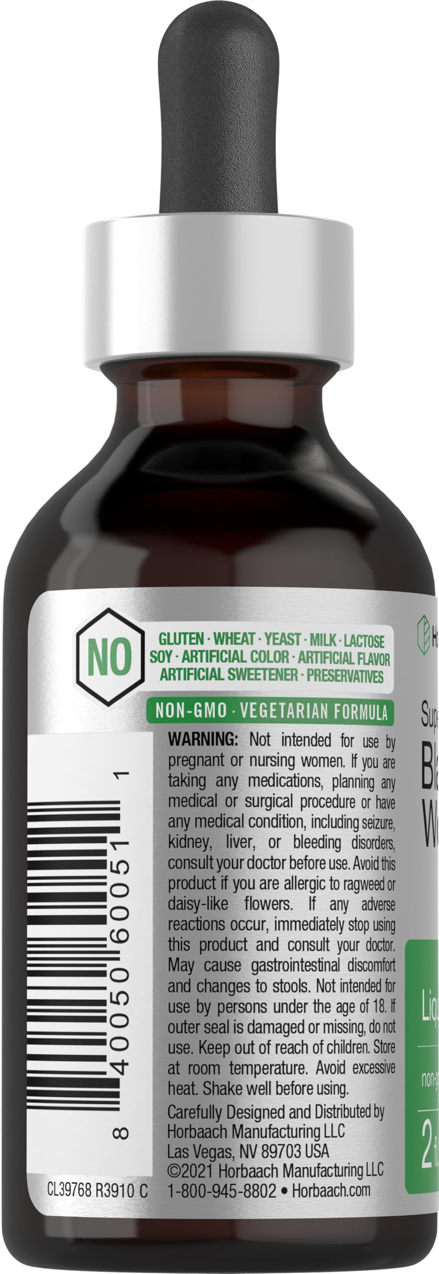 Horbäach label on glass bottle highlighting gluten-free, non-GMO quality