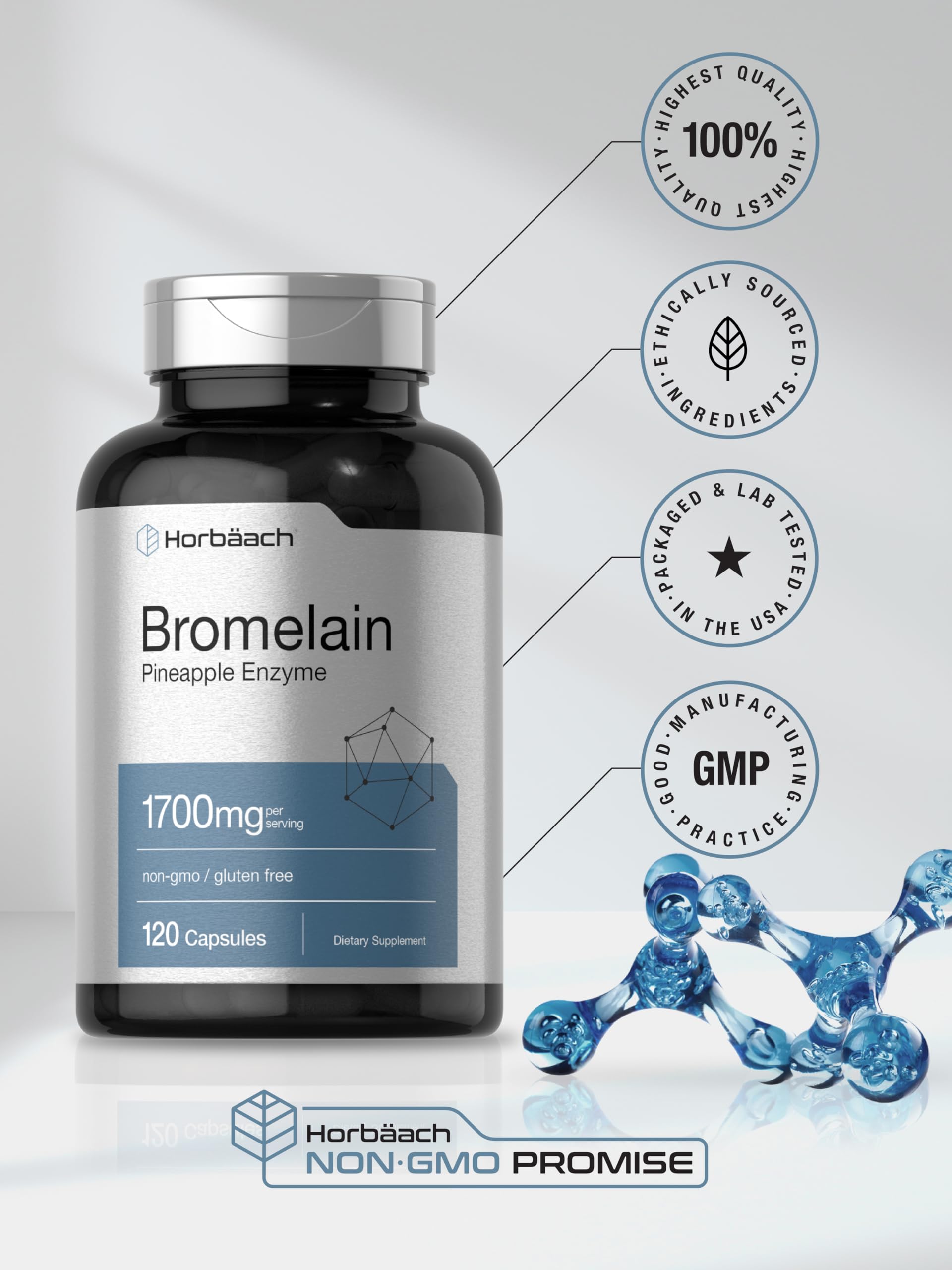 Horbäach bromelain packaging highlights quality and safe ingredients