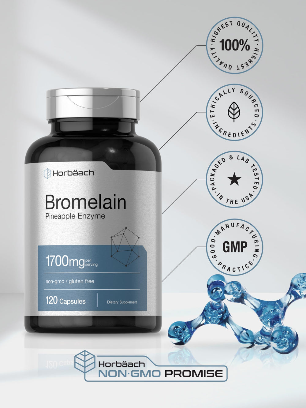 Horbäach bromelain packaging highlights quality and safe ingredients