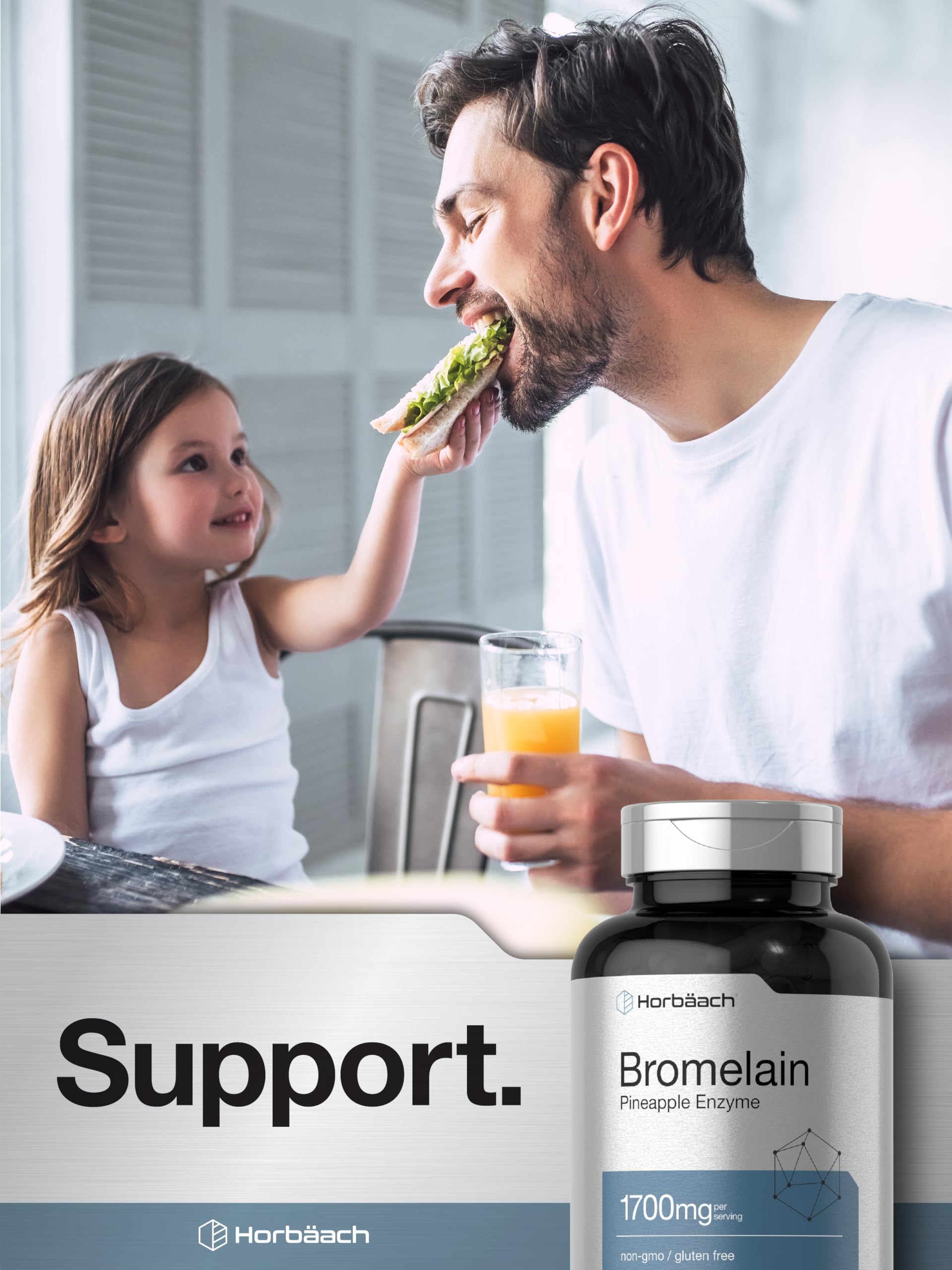 Usage-friendly bottle for on-the-go enzyme support with Horbäach bromelain