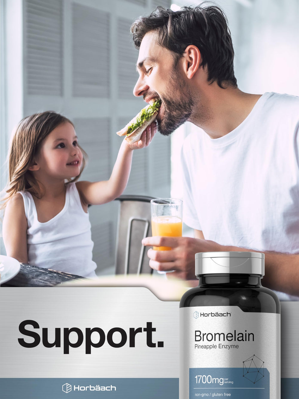 Usage-friendly bottle for on-the-go enzyme support with Horbäach bromelain